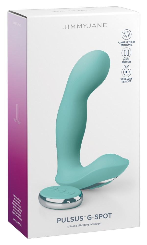 Produktverpackung mit türkisfarbenem Vibrator und Fernbedienung. Text: JIMMYJANE, PULSUS G-SPOT, Dual Motor, Wireless Remote.