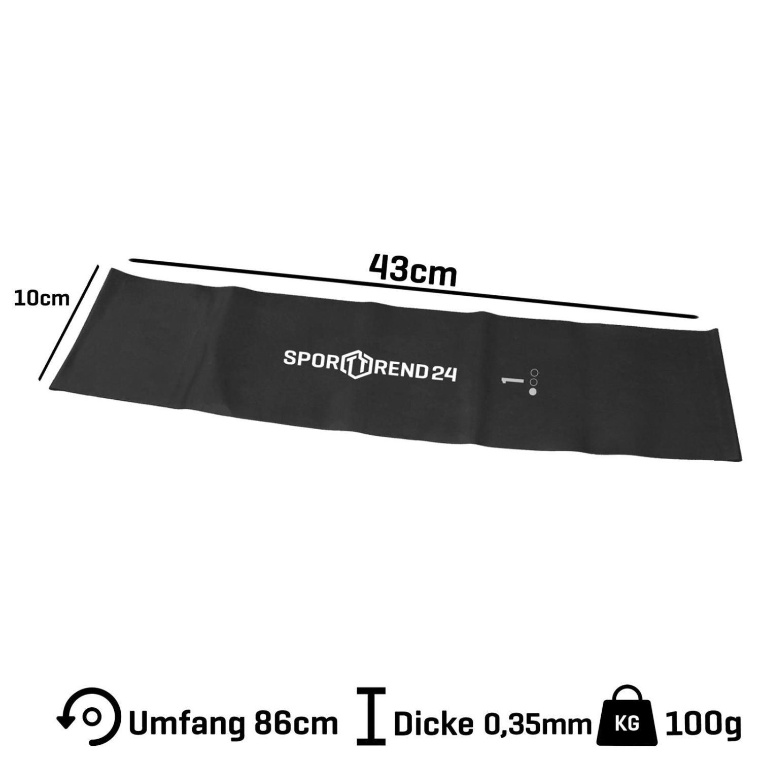 Schwarzes Gymnastik Loop Band. Aufschrift: Sporttrend24. Abmessungen: 43cm x 10cm. Umfang 86cm, Dicke 0,35mm. Gewicht 100kg.