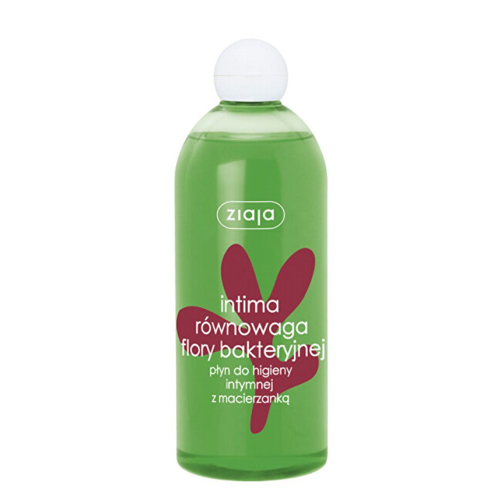 Grüne Flasche mit weißem Deckel. Roter Aufdruck mit Text. Marke: Ziaja. Produkt für Intimhygiene.