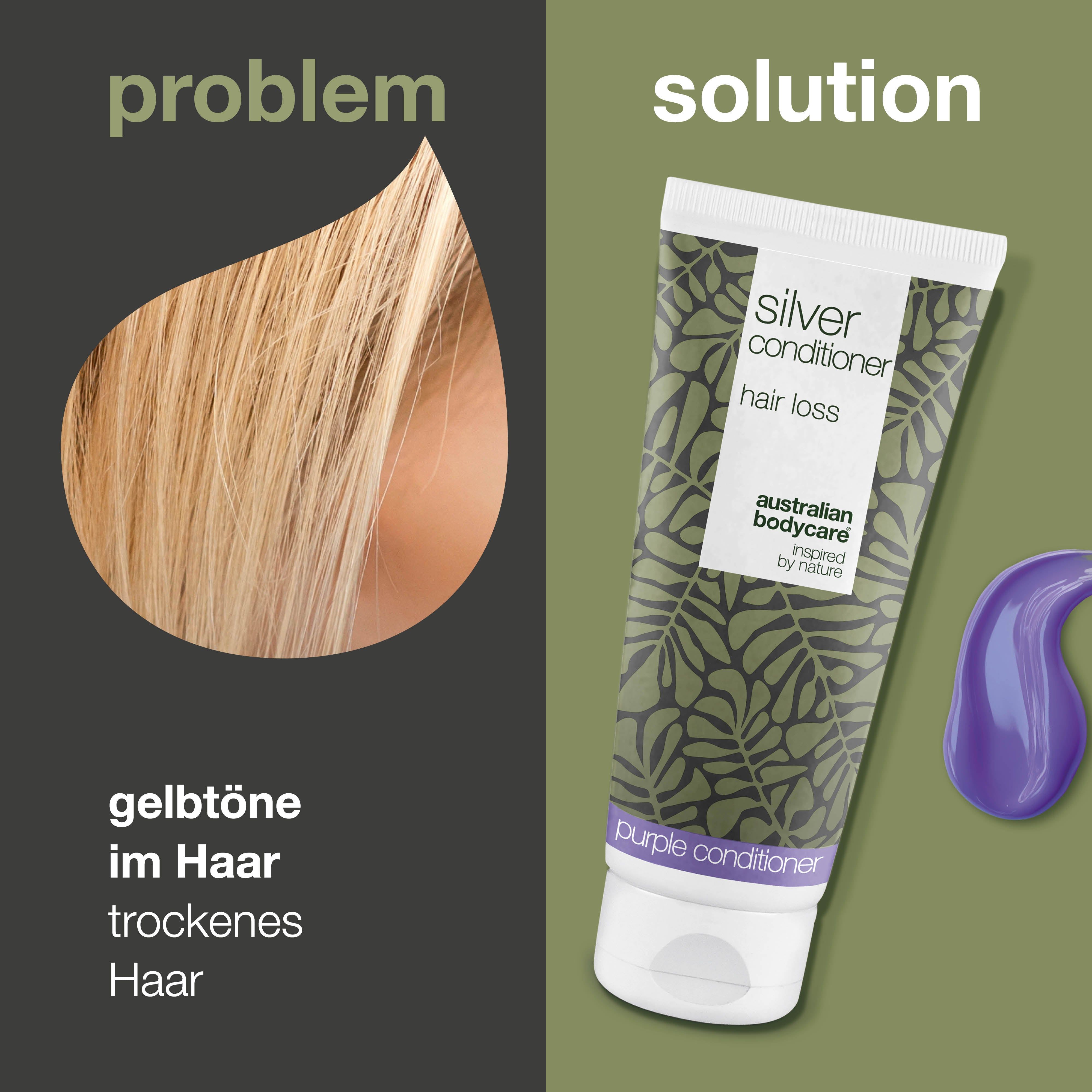Haarsträhne und Tube Conditioner. Text: Problem/Lösung. Conditioner gegen Gelbstich und trockenes Haar. Australian Bodycare.