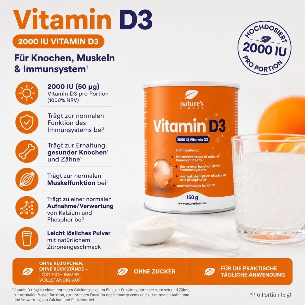 Nature's Finest Vitamin D3 Dose, 2000 IU. Für Knochen, Muskeln & Immunsystem. Mit Icons und Beschreibung der Vorteile.