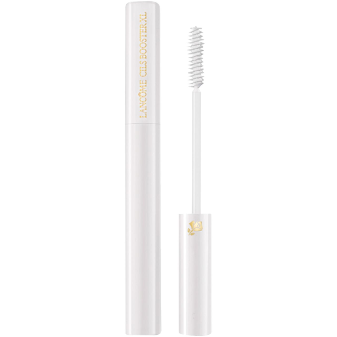 Weißer Mascara-Behälter und Applikator. Aufschrift: Lancôme Cils Booster XL. Bürste mit weißen Borsten.