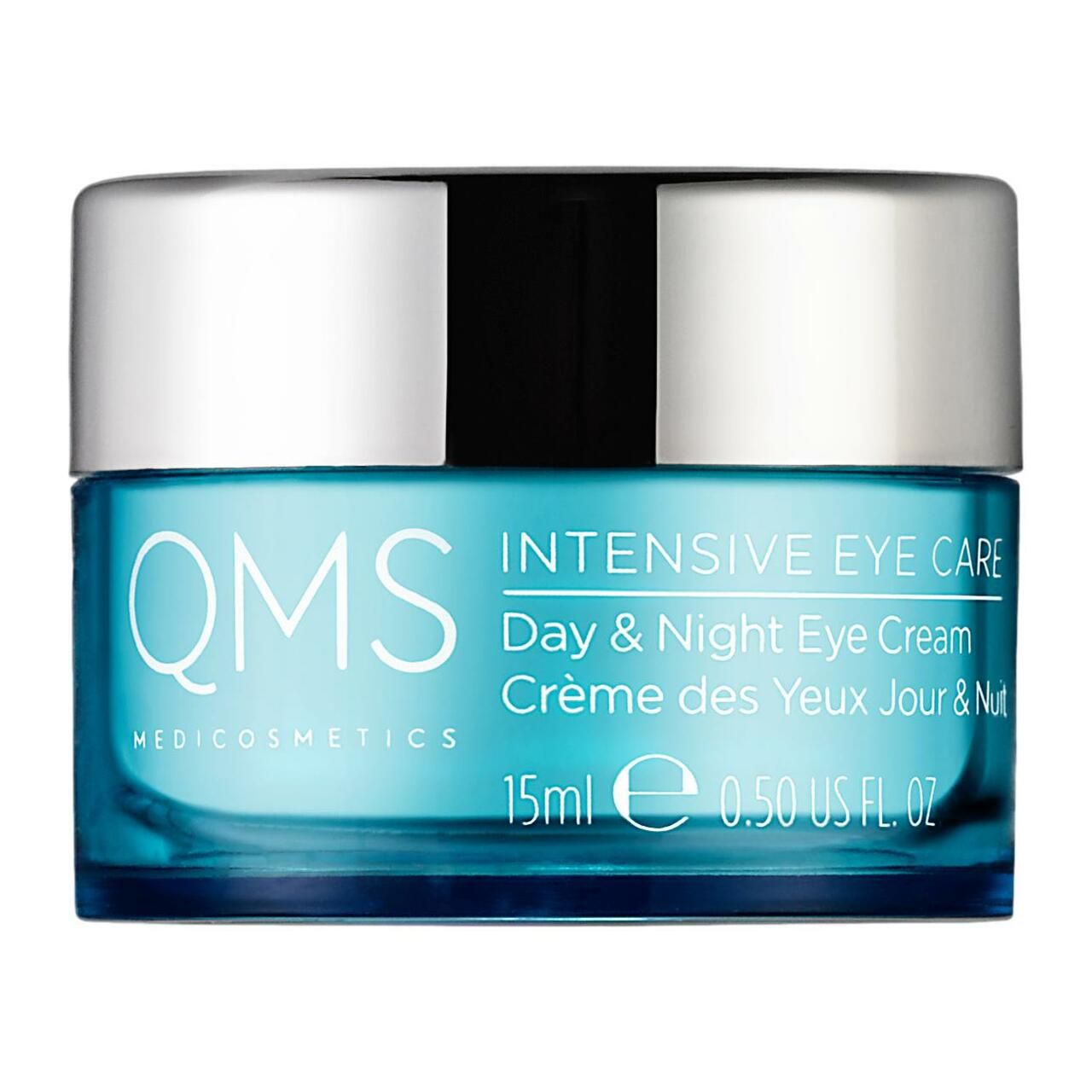 Türkisfarbener Tiegel mit silbernem Deckel. Aufschrift: QMS, Intensive Eye Care, Day & Night Eye Cream, 15ml, 0.50 US FL. OZ.
