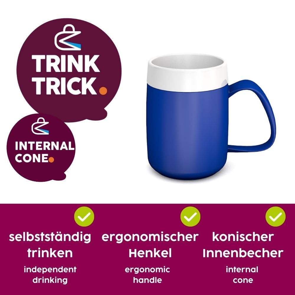Blauer Becher mit weißem Rand und Henkel. Text: Trink-Trick, Internal Cone, selbstständig trinken, ergonomischer Henkel, konischer Innenbecher.