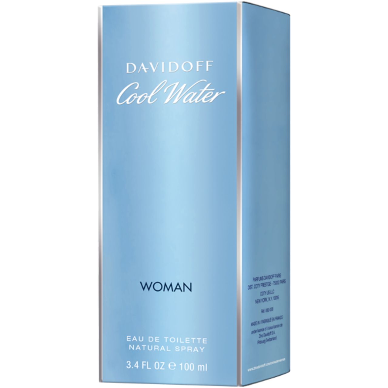 Hellblaue Schachtel. Aufschrift: DAVIDOFF Cool Water WOMAN. Produktinformationen auf der Verpackung. Eckige Form.