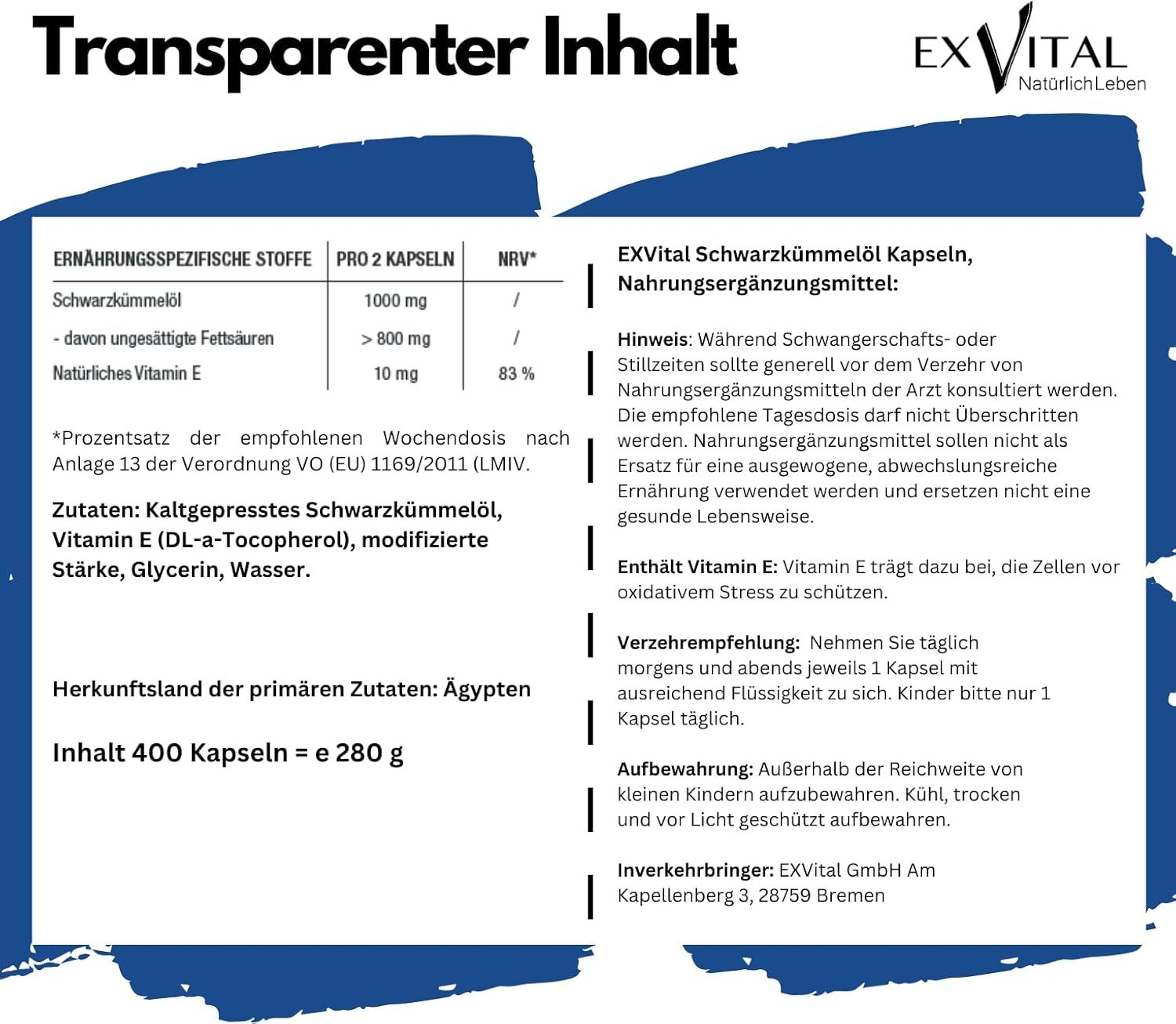 Tabellarische Informationen zu EXVital Schwarzkümmelöl Kapseln. Zutaten, Nährwerte, Verzehrempfehlung, Hinweise, Inhaltsstoffe.