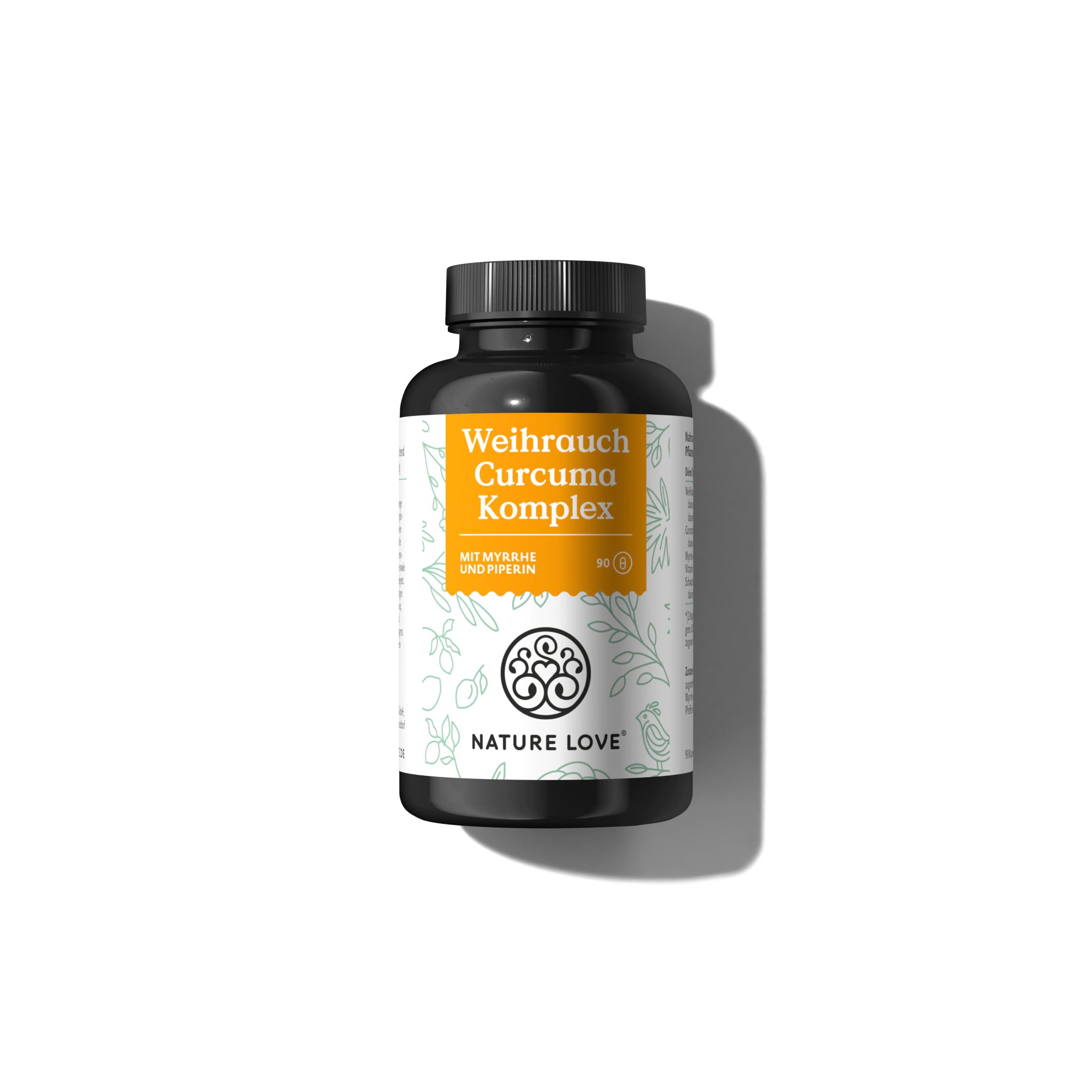 Braune Kapsel-Dose mit Etikett. Aufschrift: Weihrauch Curcuma Komplex, NATURE LOVE Logo. Grün-gelbes Design.