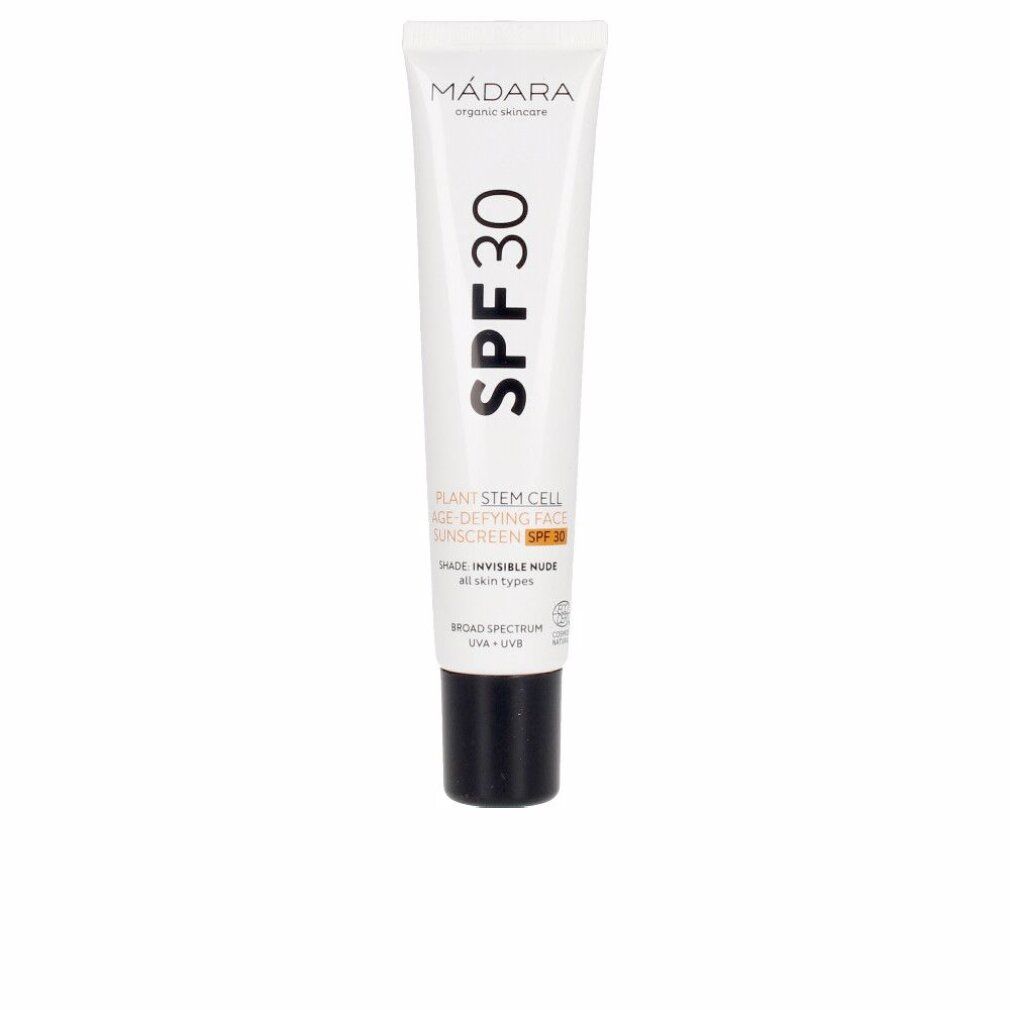 Weiße Tube mit schwarzem Deckel. Aufschrift: MÁDARA, SPF 30, Plant Stem Cell Age-Defying Face Sunscreen.