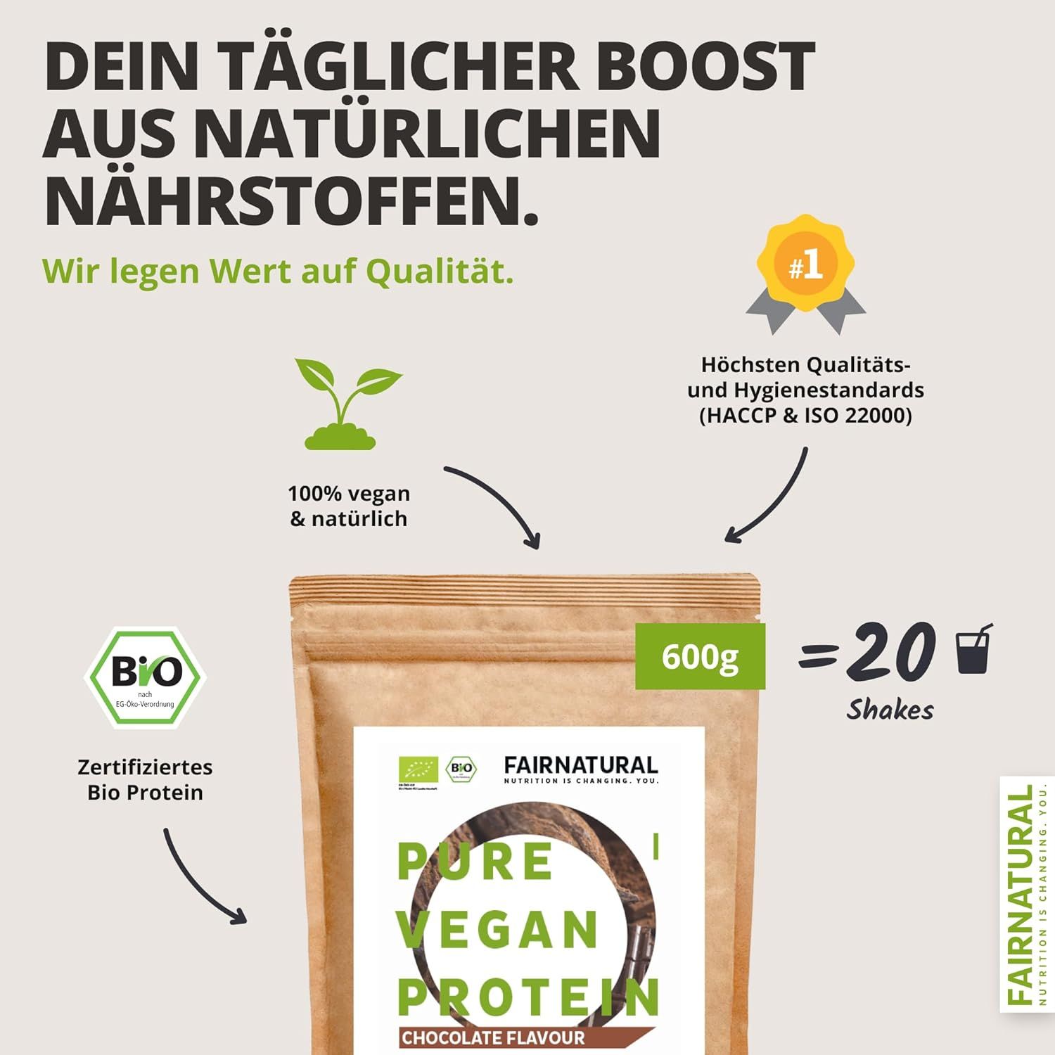 Protein-Pulver Packung. 600g, 20 Shakes. Bio-Zertifizierung. Höchste Qualitätsstandards. 100% vegan & natürlich.