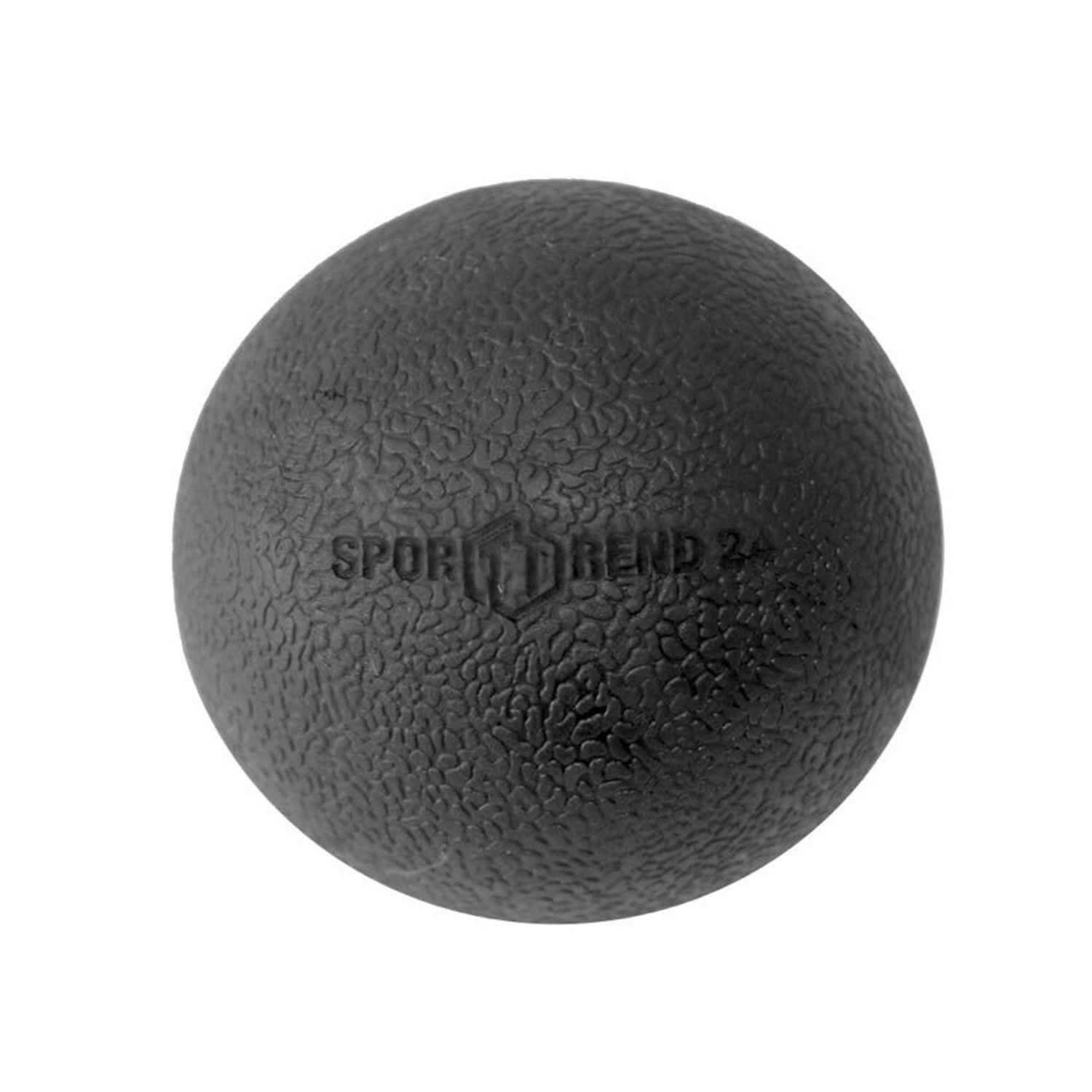 Schwarzer Massageball mit Logo Sporttrend 24. Oberfläche mit feiner Textur.