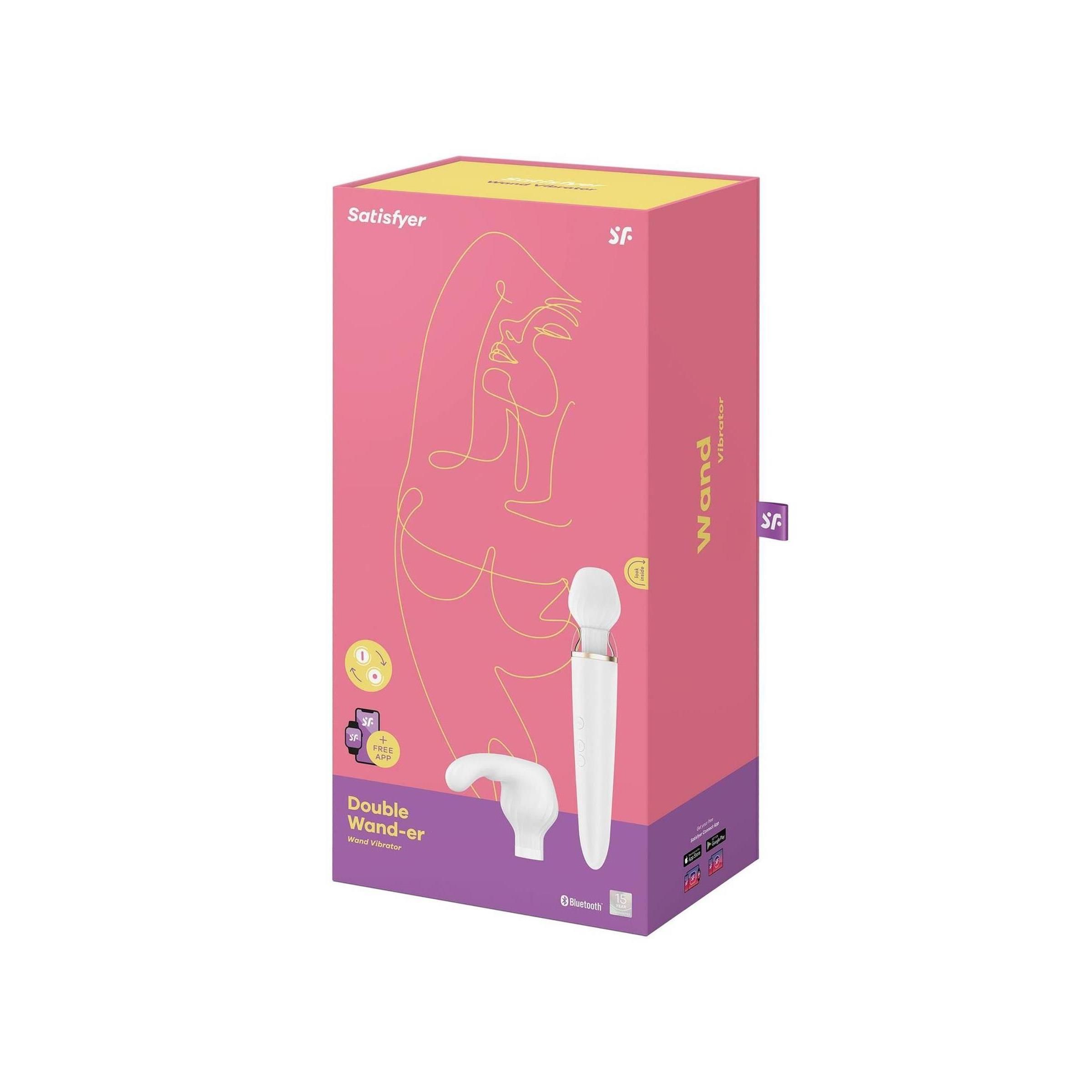Verpackung von Satisfyer. Rosa Box mit Produktabbildung und Produktnamen: Double Wand-er.