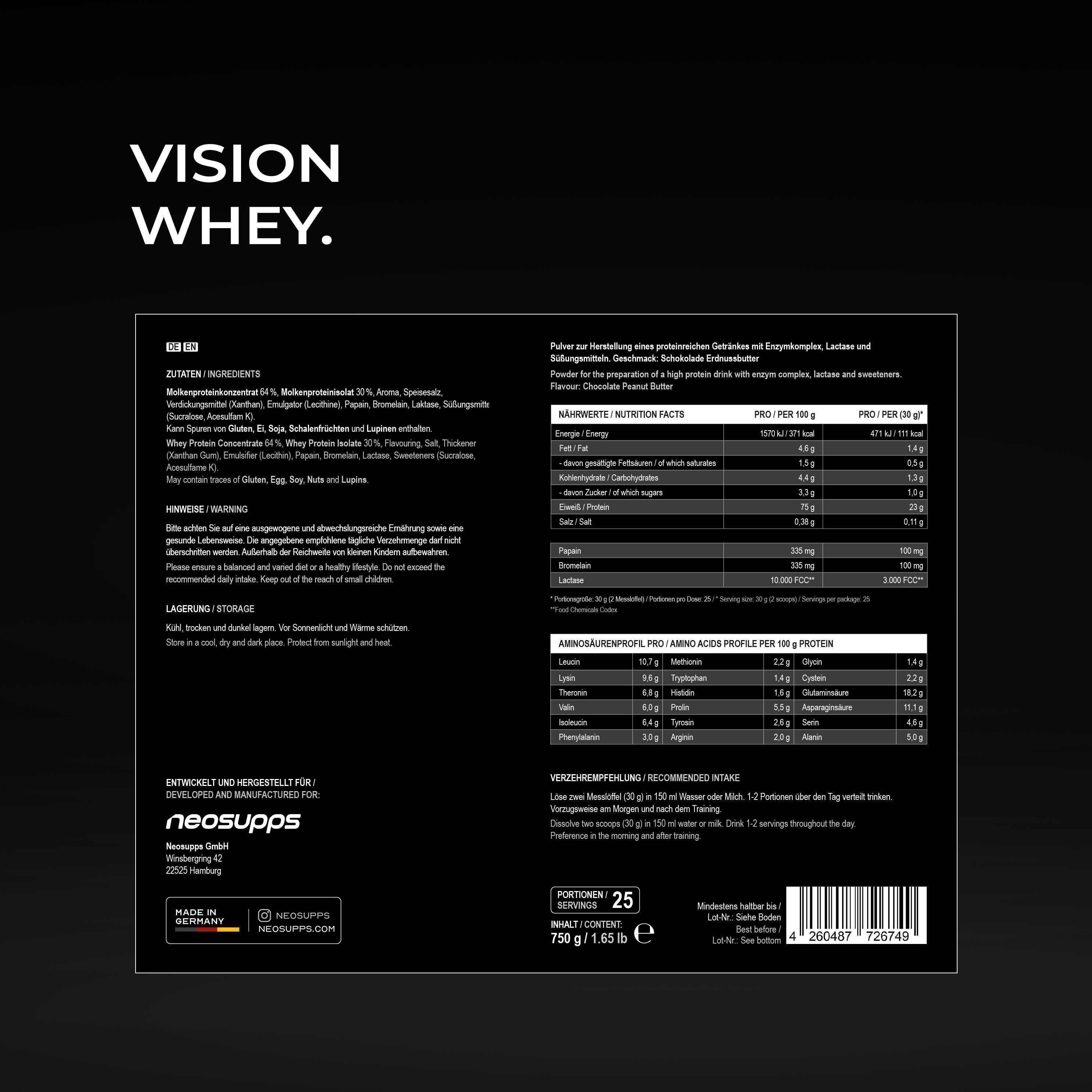 Rückseite der Neosupps Vision Whey Protein Dose, Schoko-Erdnussbutter. Nährwertangaben und Inhaltsstoffe.