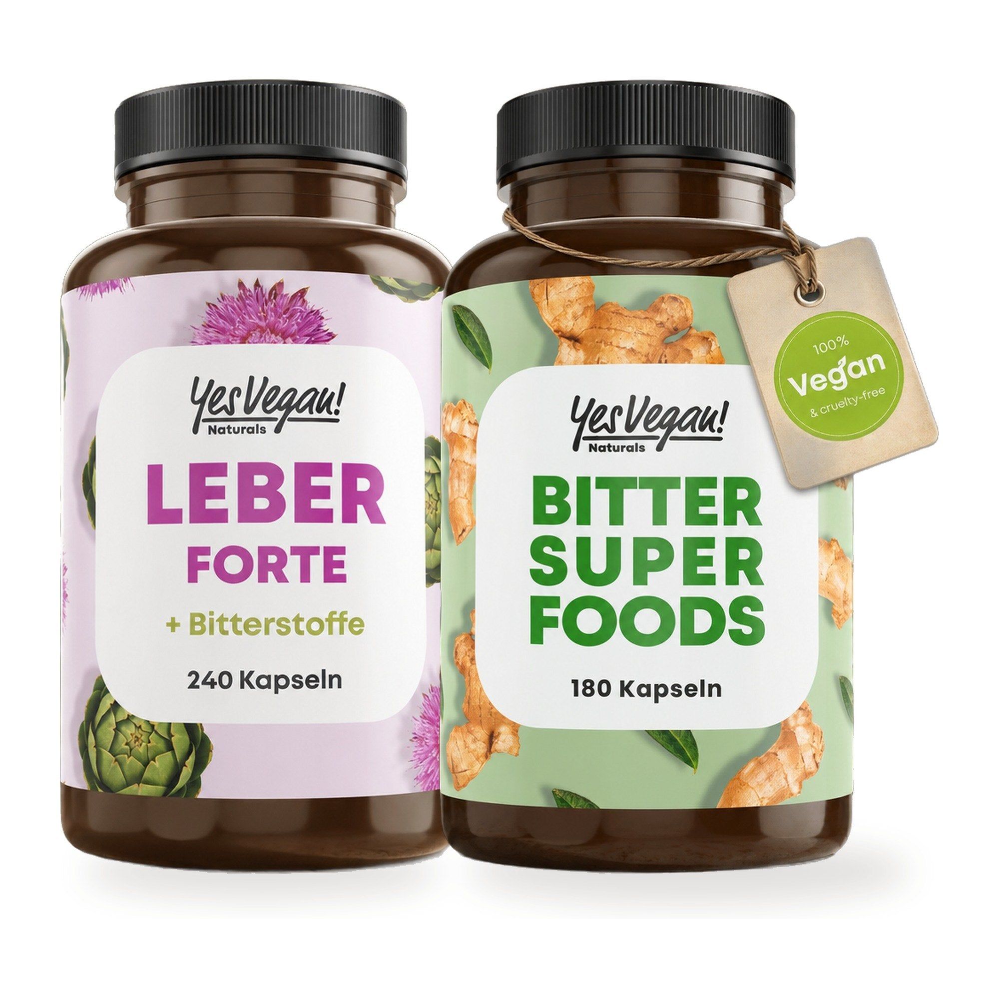 Zwei Flaschen Yes Vegan: Leber Forte (240 Kapseln) und Bitter Super Foods (180 Kapseln).