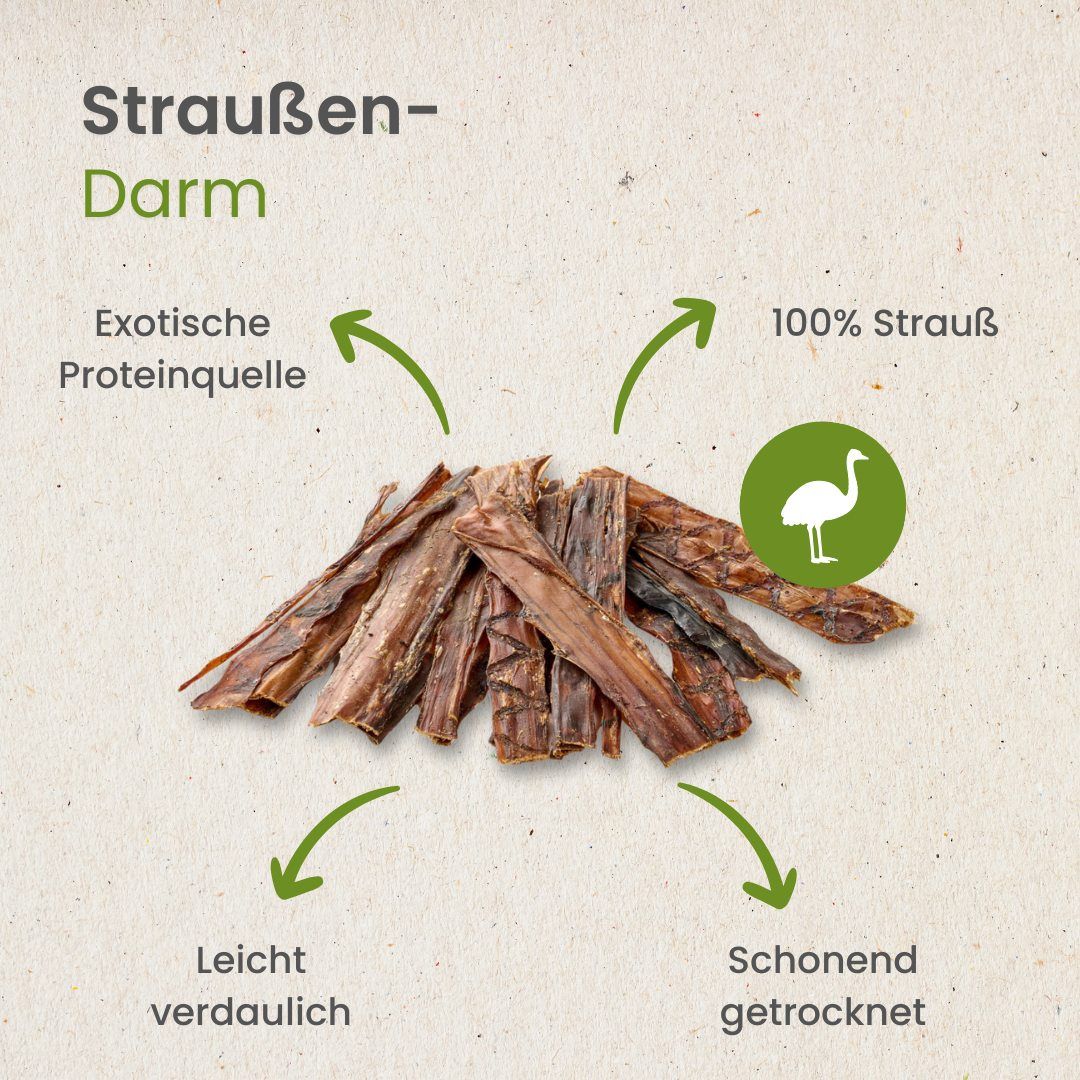 Getrocknete Straußendarm-Streifen für Hunde, braun.