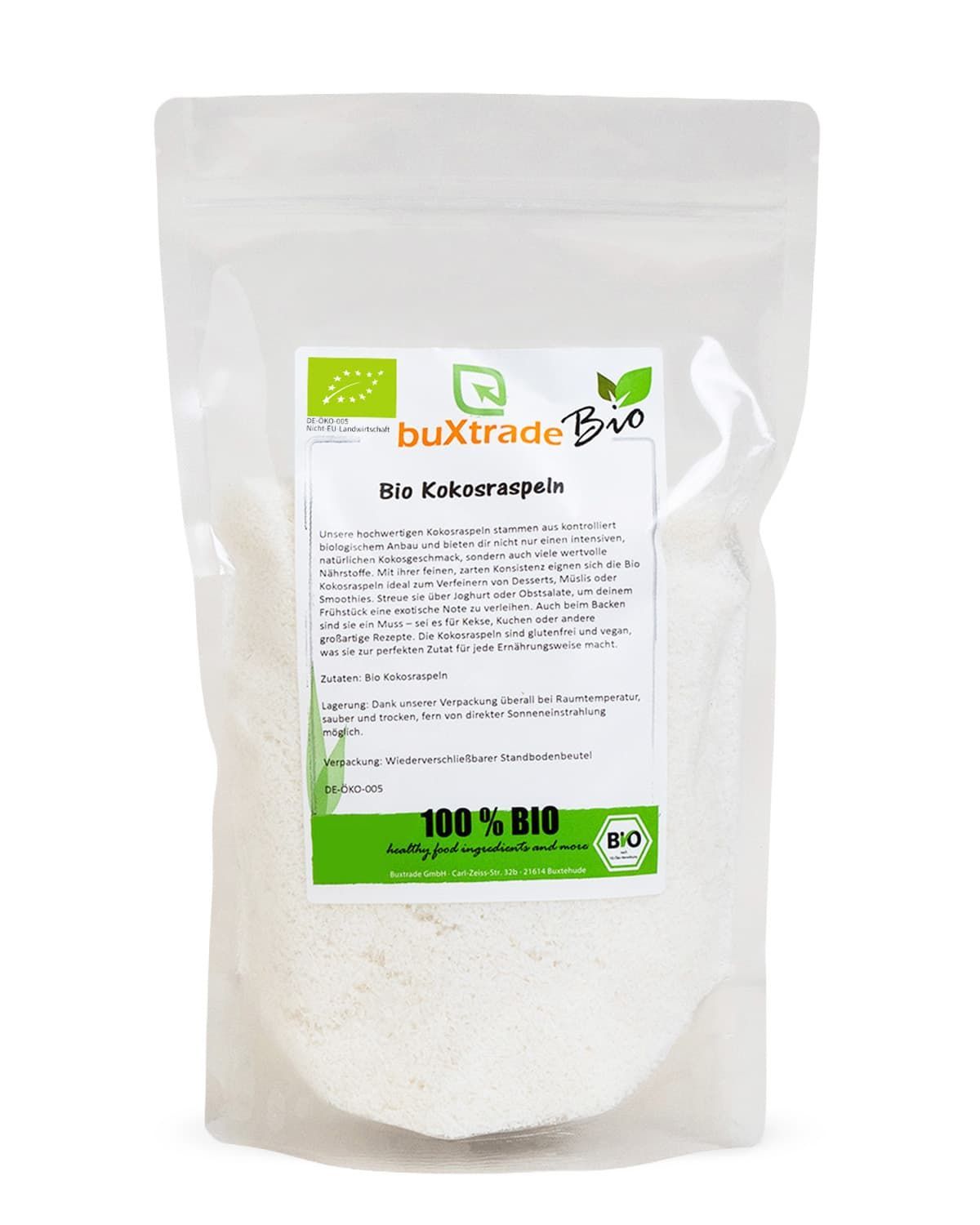 Verpackung mit buXtrade Bio Kokosraspeln, 100% Bio-Siegel.