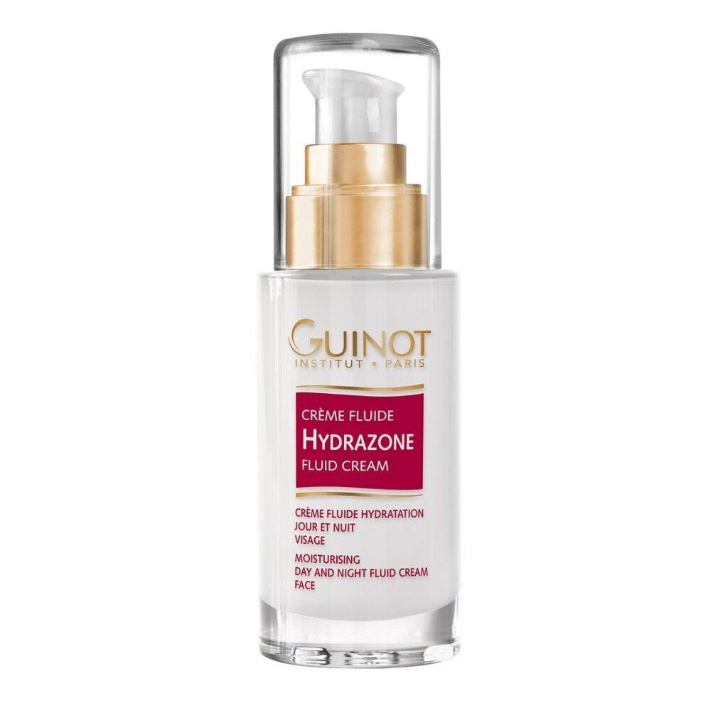 Guinot Hydrazone Creme Fluide. Weiße Flasche mit Pumpe, goldfarbenem Hals und transparentem Deckel. Roter Aufkleber mit Produktnamen.