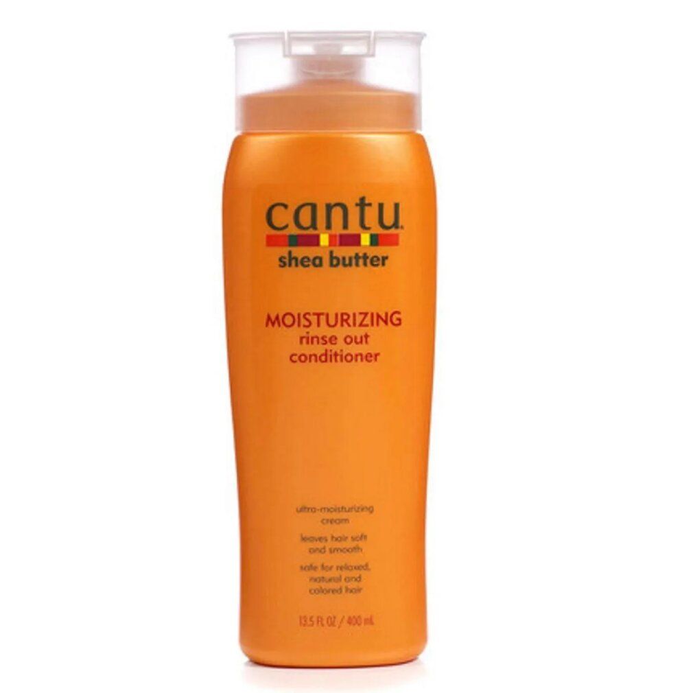 Orangefarbene Flasche mit Cantu Shea Butter Moisturizing Rinse Out Conditioner-Etikett. Enthält 13,5 fl oz / 400 ml.