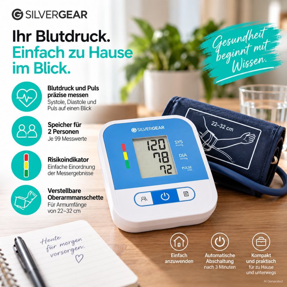 Silvergear Oberarm-Blutdruckmessgerät mit LCD-Display, Manschette und Infografiken zu Funktionen.