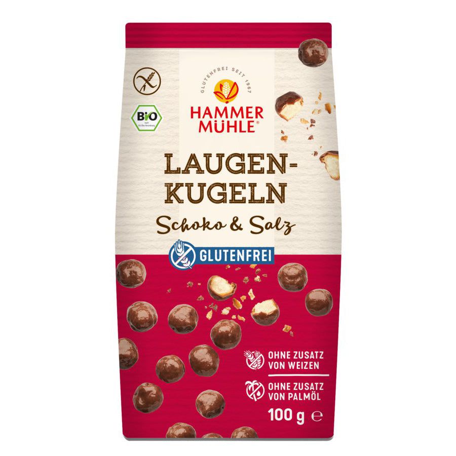 Verpackung mit glutenfreien Laugenkugeln Schoko & Salz. Enthält Bio-Siegel und Angaben zu Inhaltsstoffen.