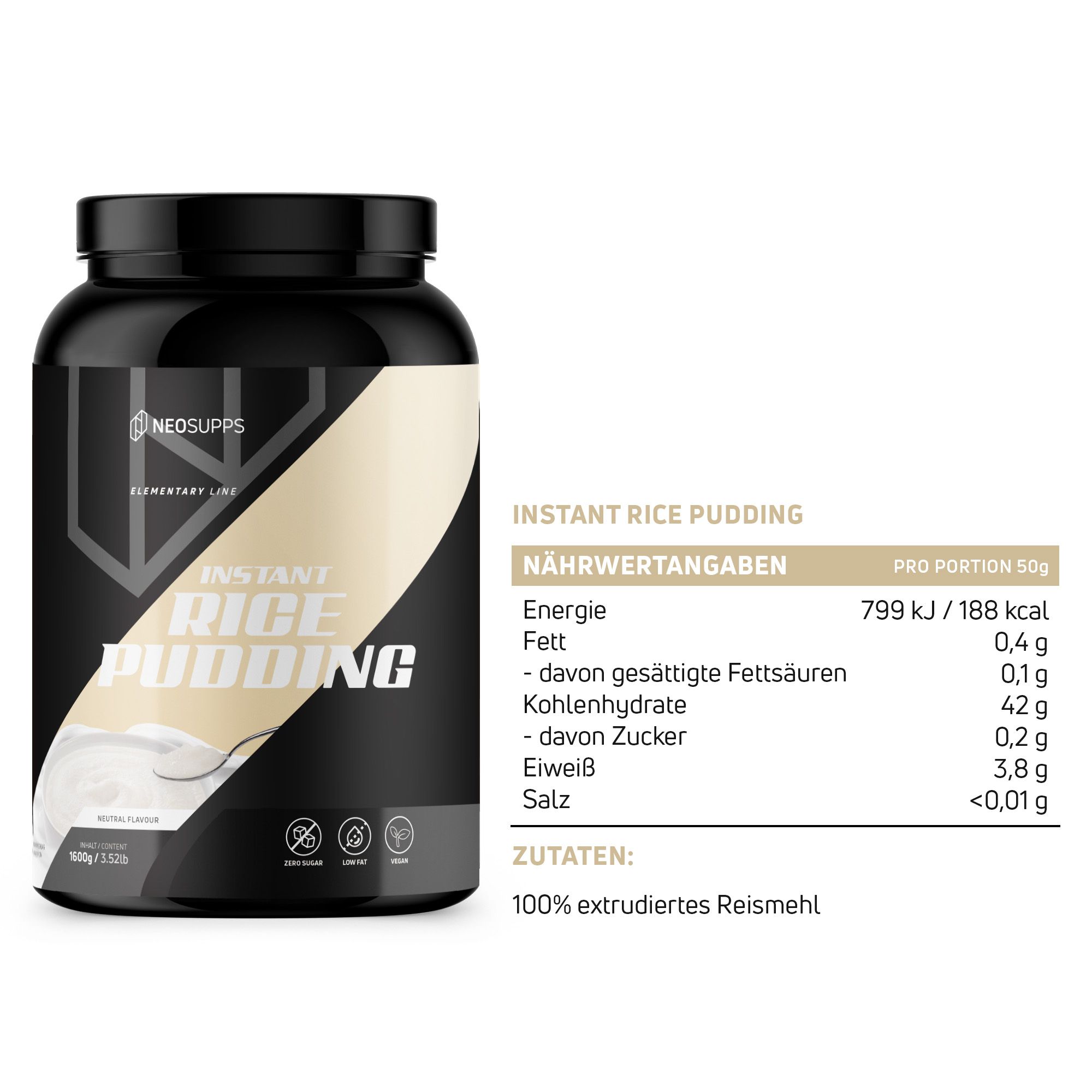 Schwarze Dose mit weißem Aufdruck. Aufschrift: Instant Rice Pudding. Logo: Neosupps. Nährwertangaben auf weißem Hintergrund.