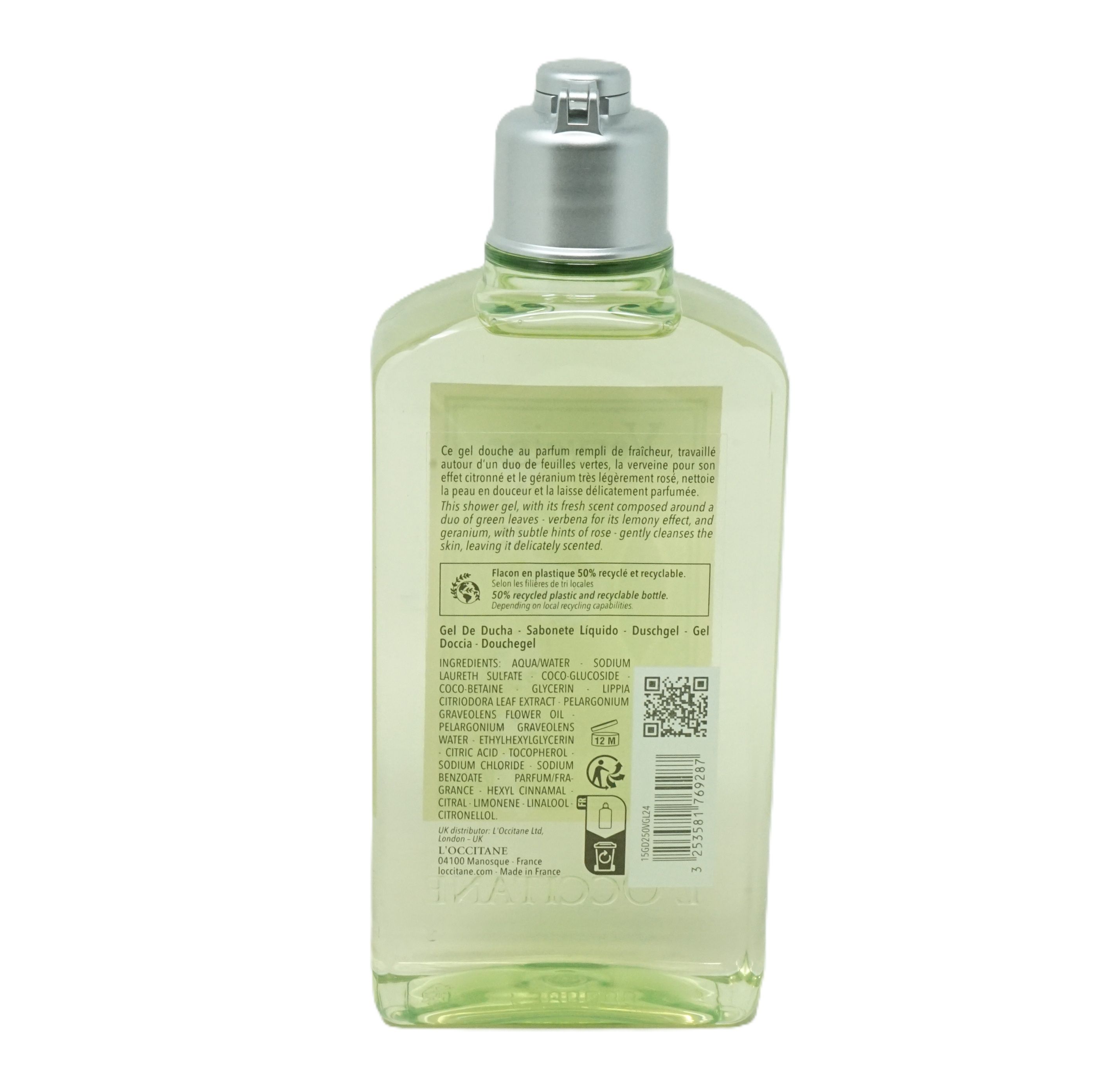 Grünes Duschgel in einer transparenten Flasche. Rückseite mit Text und QR-Code. Silberner Deckel.