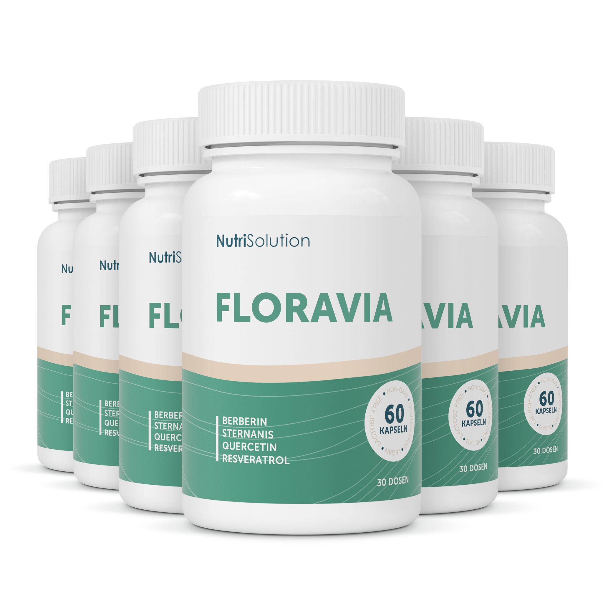 Sechs Flaschen NutriSolution Floravia, 60 Kapseln pro Flasche.