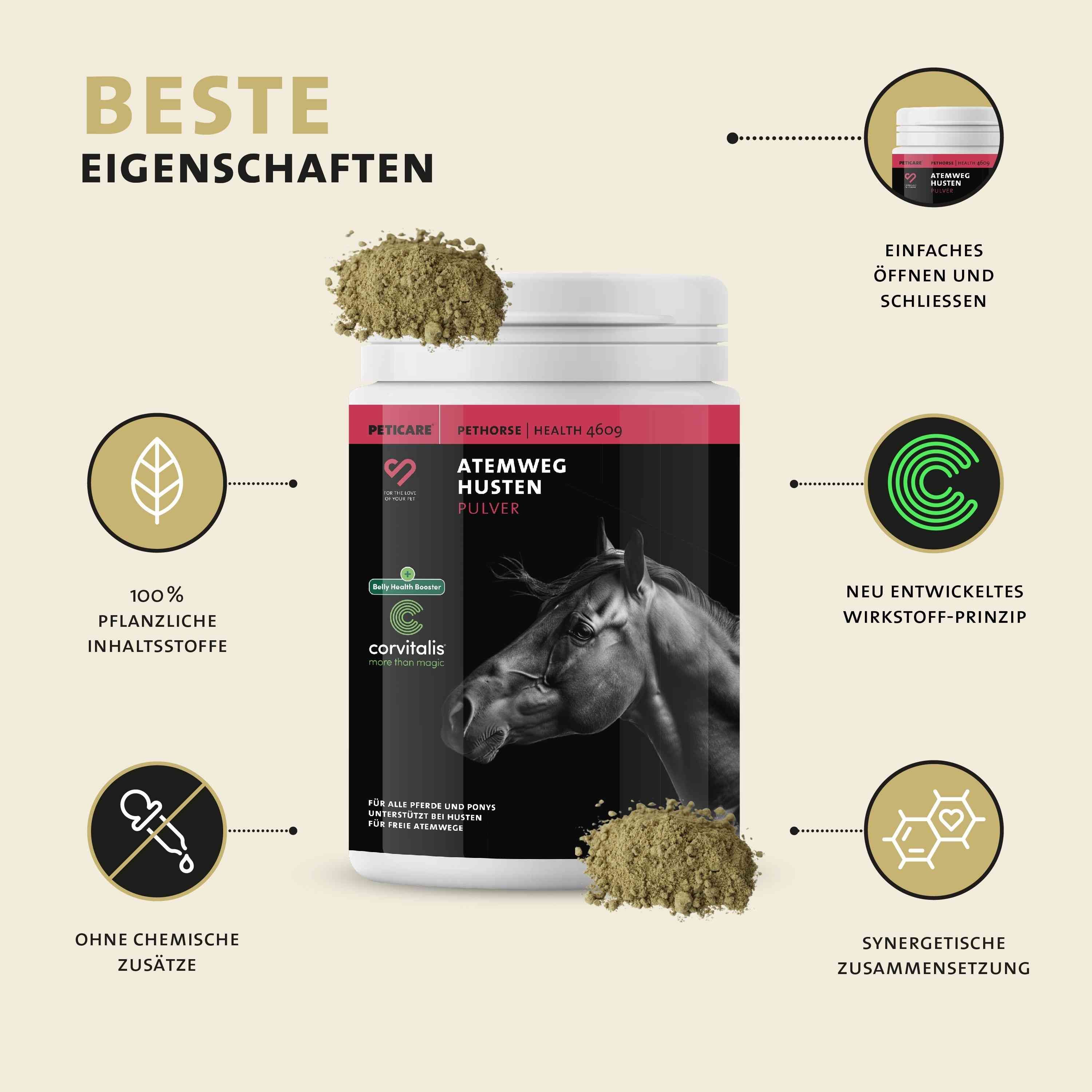 Weißes Produktglas mit grünem Pulver. Text: Atemweg Husten Pulver. Beste Eigenschaften. 100% pflanzliche Inhaltsstoffe.