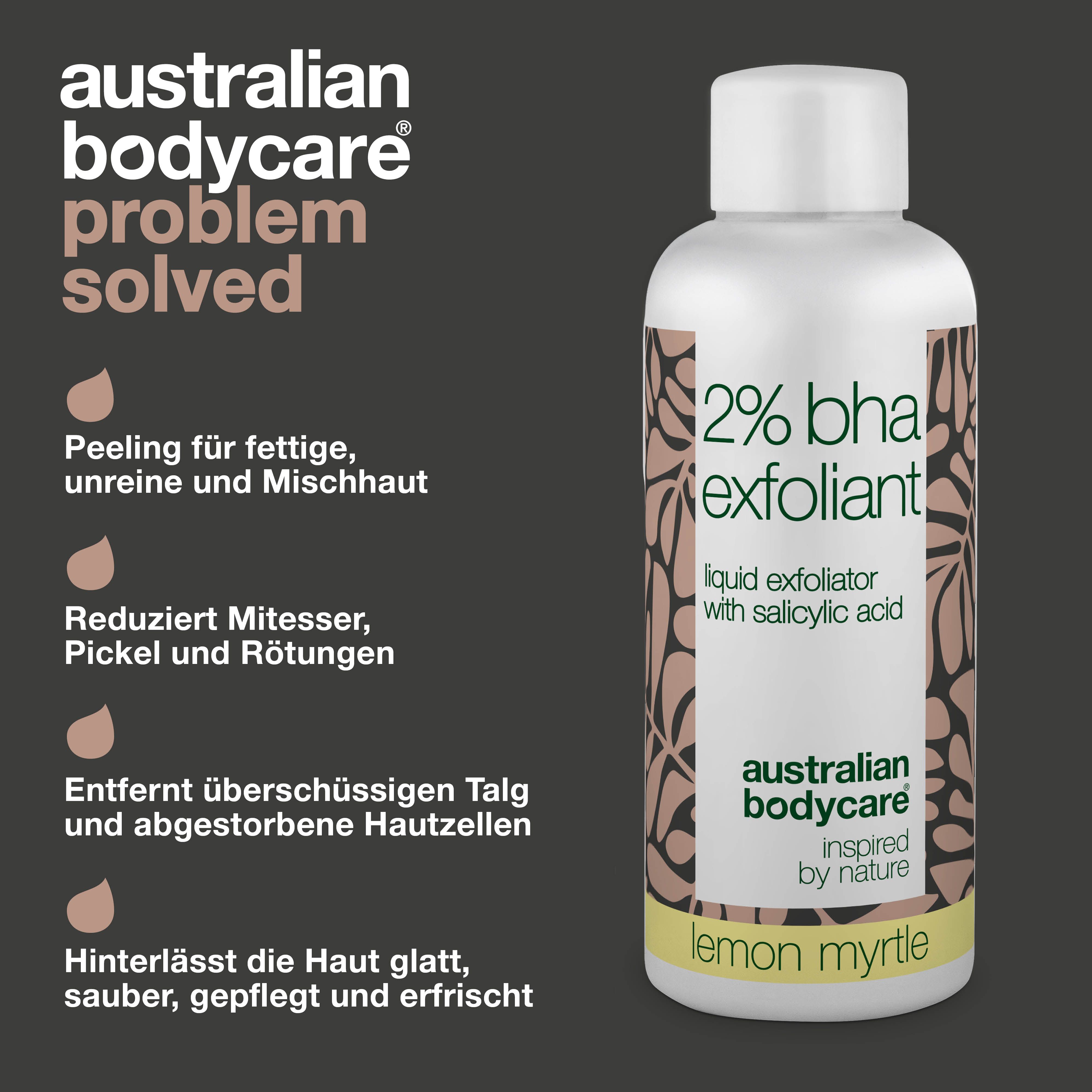 Flasche mit „2% BHA“. Text: Reduziert Pickel, entfernt überschüssiges Talg. Marke: Australian Bodycare.
