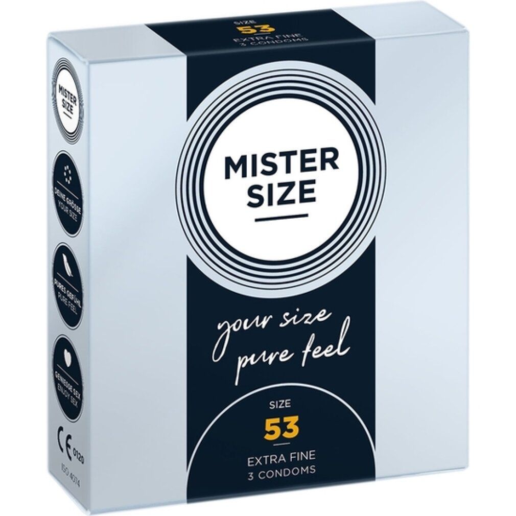 MISTER SIZE Kondomverpackung. Weiß mit blauem Streifen. Text: MISTER SIZE, your size pure feel, 53, Extra Fine, 3 Kondome.