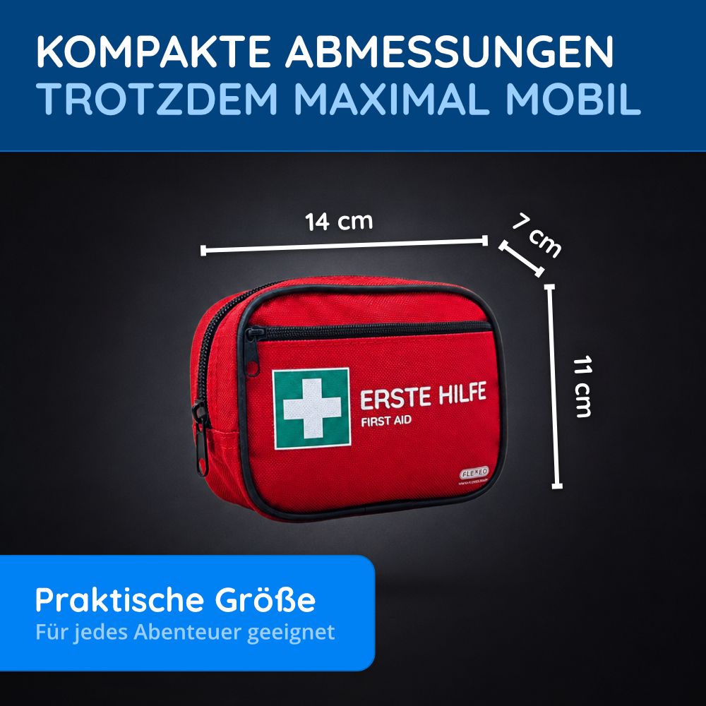 Rotes Erste-Hilfe-Set mit Reißverschluss, weißem Kreuz und Maßen: 14x11x7 cm. Text: Praktische Größe für jedes Abenteuer.