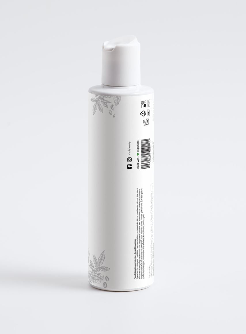 Weiße Flasche mit weißem Deckel. Graue Pflanzenillustrationen. Text und Barcode auf der Flasche.