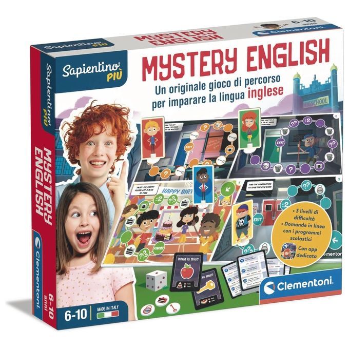Clementoni Sapientino Più Mystery English, un gioco educativo per bambini dai 6 ai 10 anni. La confezione mostra bambini e componenti del gioco. Il gioco promette di insegnare l'inglese in modo divertente, con diversi livelli di difficoltà e un'app.