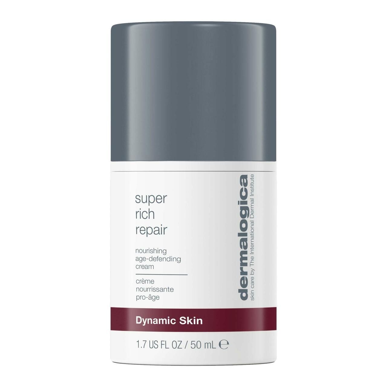 Zylinderförmige Flasche mit grauem Deckel. Text: Super Rich Repair, Dynamic Skin, Dermalogica.