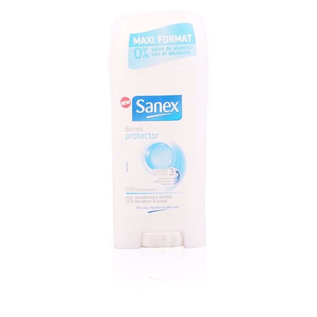 Sanex Dermo Protector Deodorant Stick. Weißer Stick mit blauem Logo und Schriftzug. Maxi-Format. 0% Aluminiumsalze.
