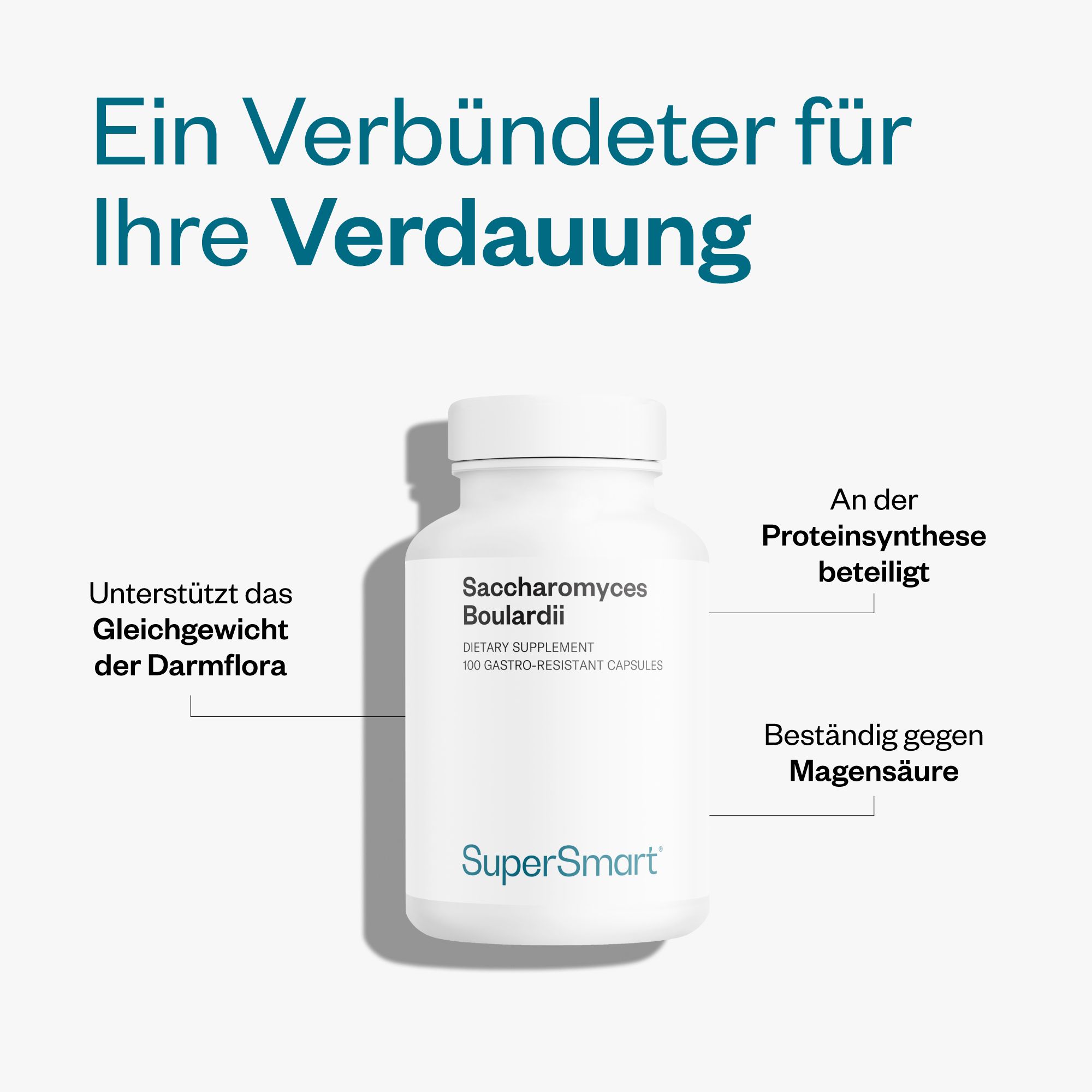 Weiße Flasche mit Saccharomyces Boulardii Kapseln. Text: Unterstützt das Gleichgewicht der Darmflora, Proteine, magensäurebeständig.