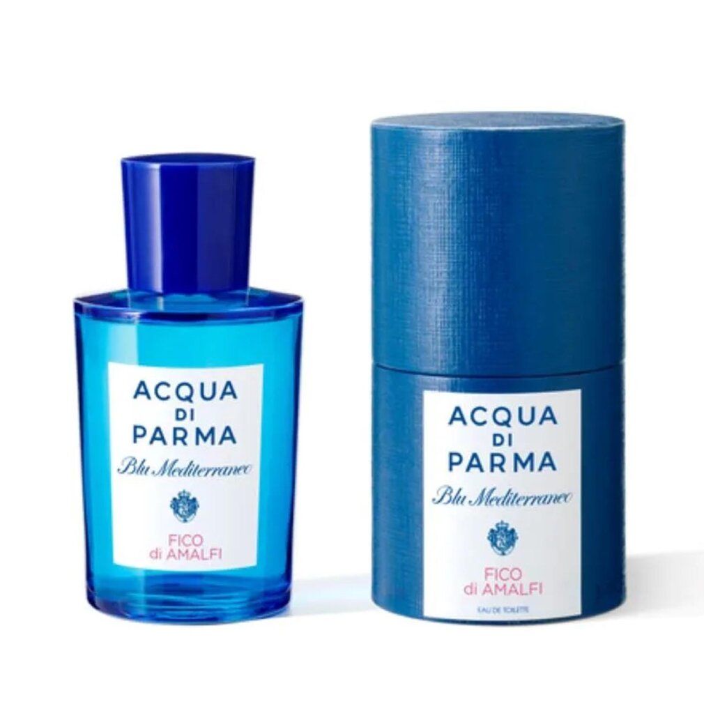 Blaue Flasche und zylindrische Verpackung. 'Acqua di Parma' und 'Fico di Amalfi' auf Etiketten.