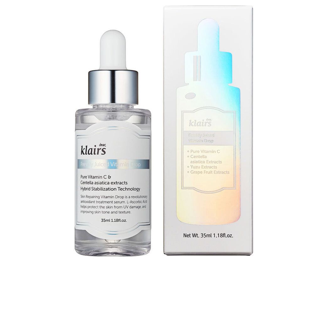 Klairs Serumflasche mit Verpackung. Klares Glas, silberner Deckel, weißes Etikett. Text: Freshly Juiced Vitamin Drop.