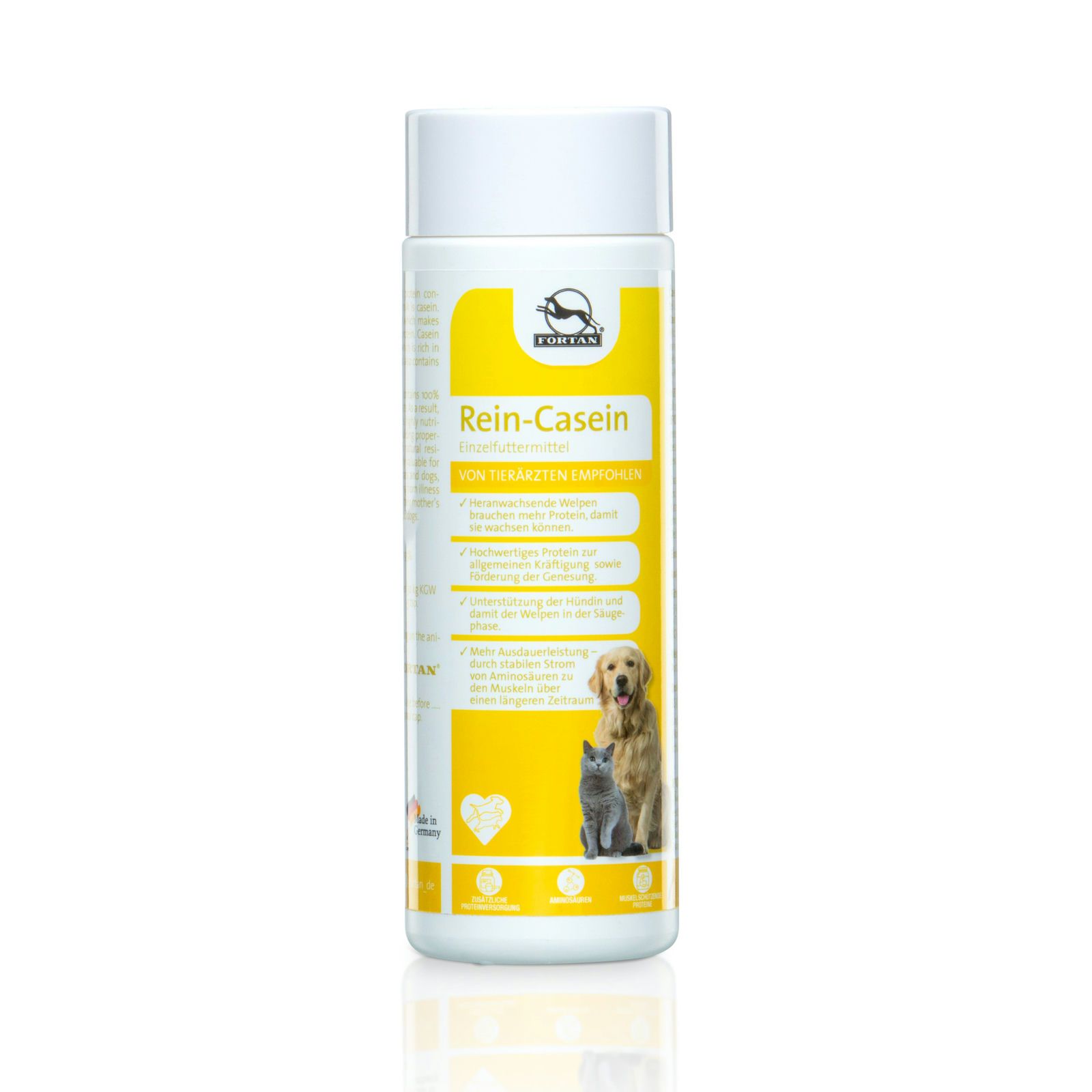 Weiße Dose mit gelbem Etikett. Aufschrift: Rein-Casein. Abbildung von Hund und Katze. Logo.