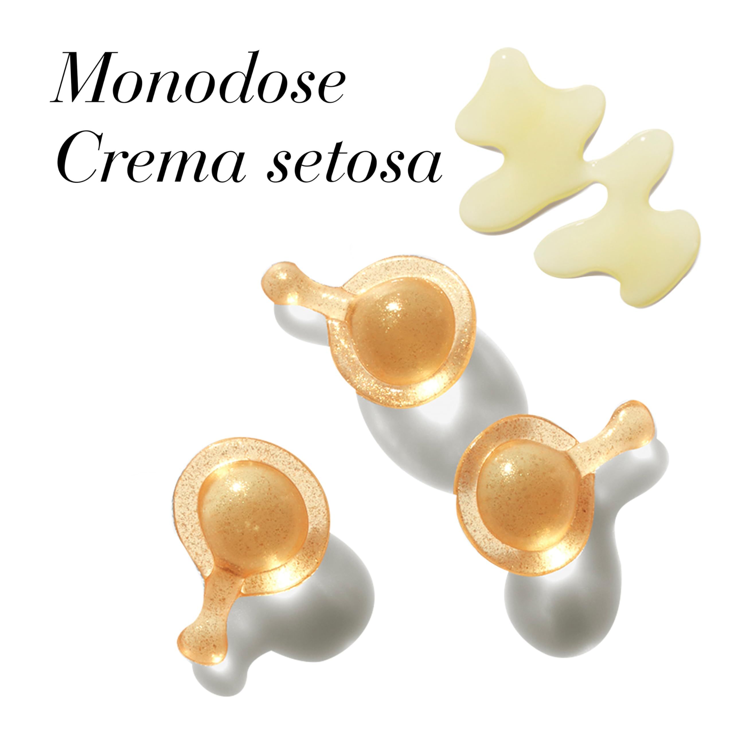 Drei gelbe Kapseln und zwei Kleckse Creme. Aufschrift: Monodose Crema setosa.
