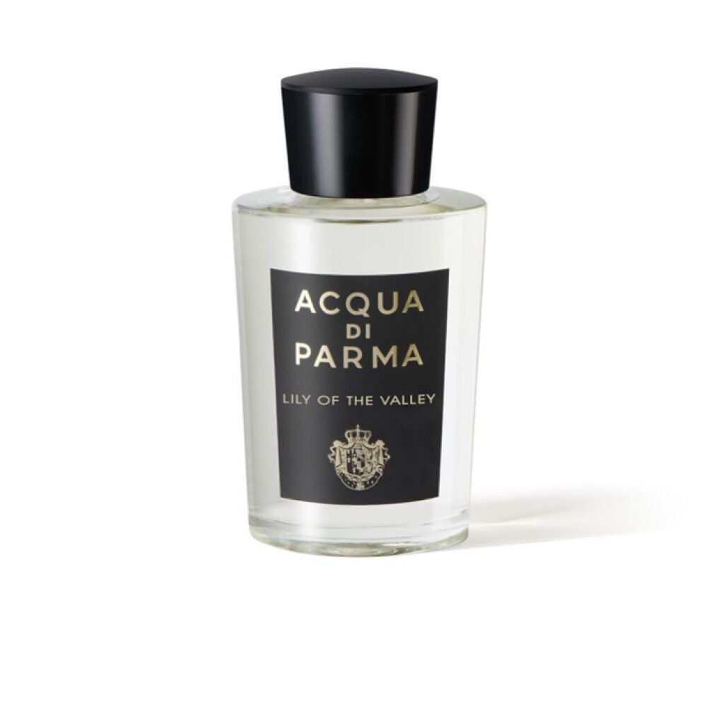 Parfümflakon mit schwarzem Deckel. Schwarzes Etikett mit goldener Schrift: Acqua di Parma, Lily of the Valley. Unterhalb Wappen.