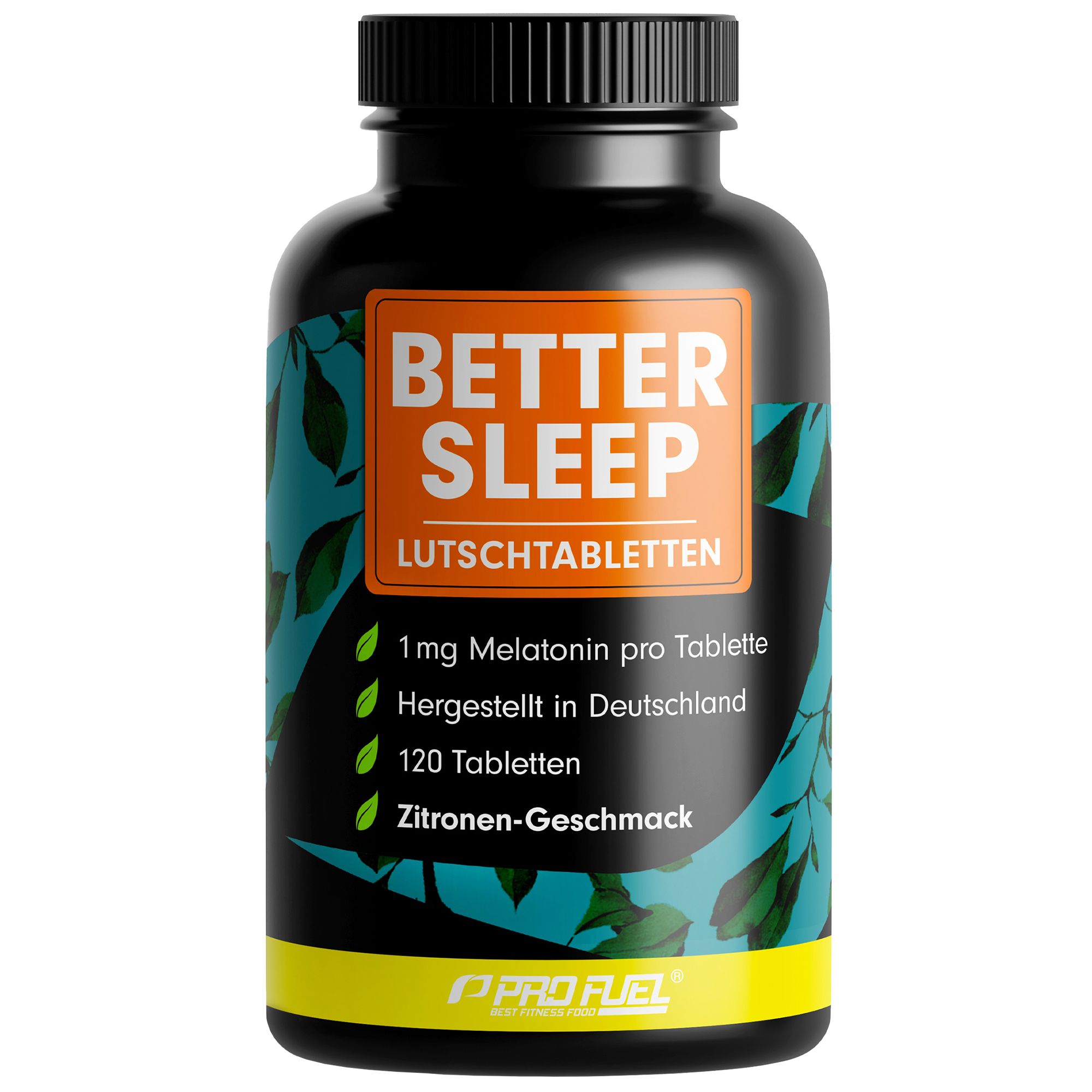 Schwarze Flasche mit "BETTER SLEEP LUTSCHTABLETTEN". Enthält 120 Tabletten, 1mg Melatonin pro Tablette, Zitronen-Geschmack. ProFuel Logo.