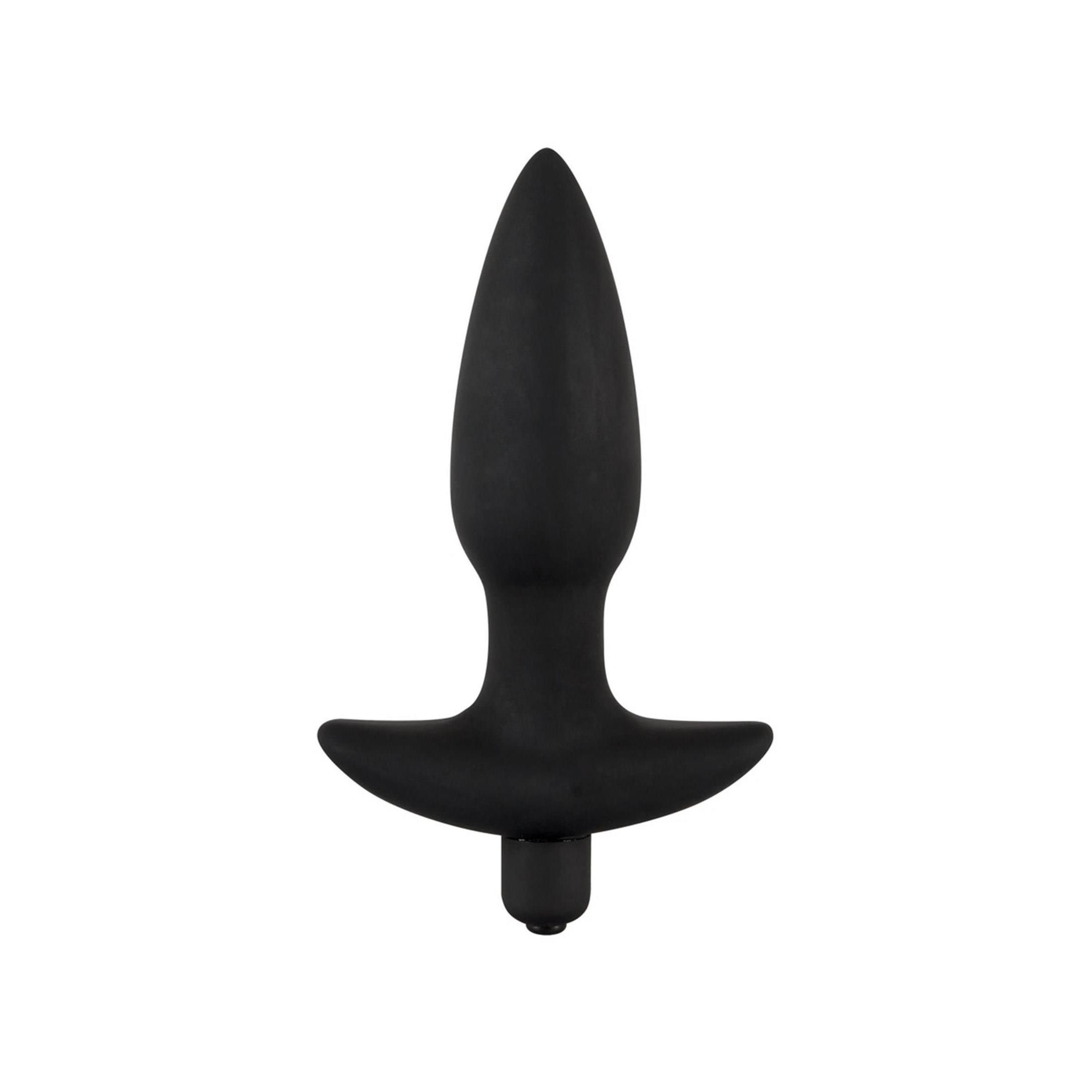 Schwarzer Anal-Plug. Kegelförmig mit T-förmiger Basis. Aus Silikon.