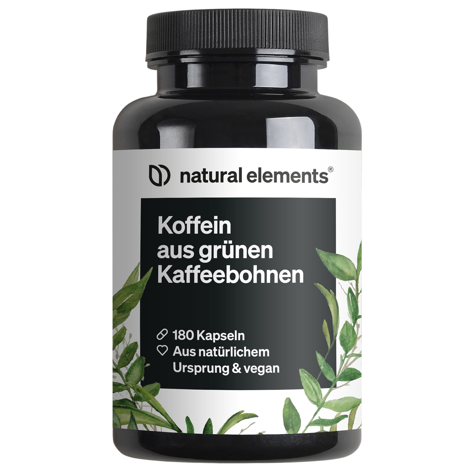 Schwarze Flasche mit Kapseln. Aufschrift: Koffein aus grünen Kaffeebohnen, 180 Kapseln, vegan. Marke: natural elements.