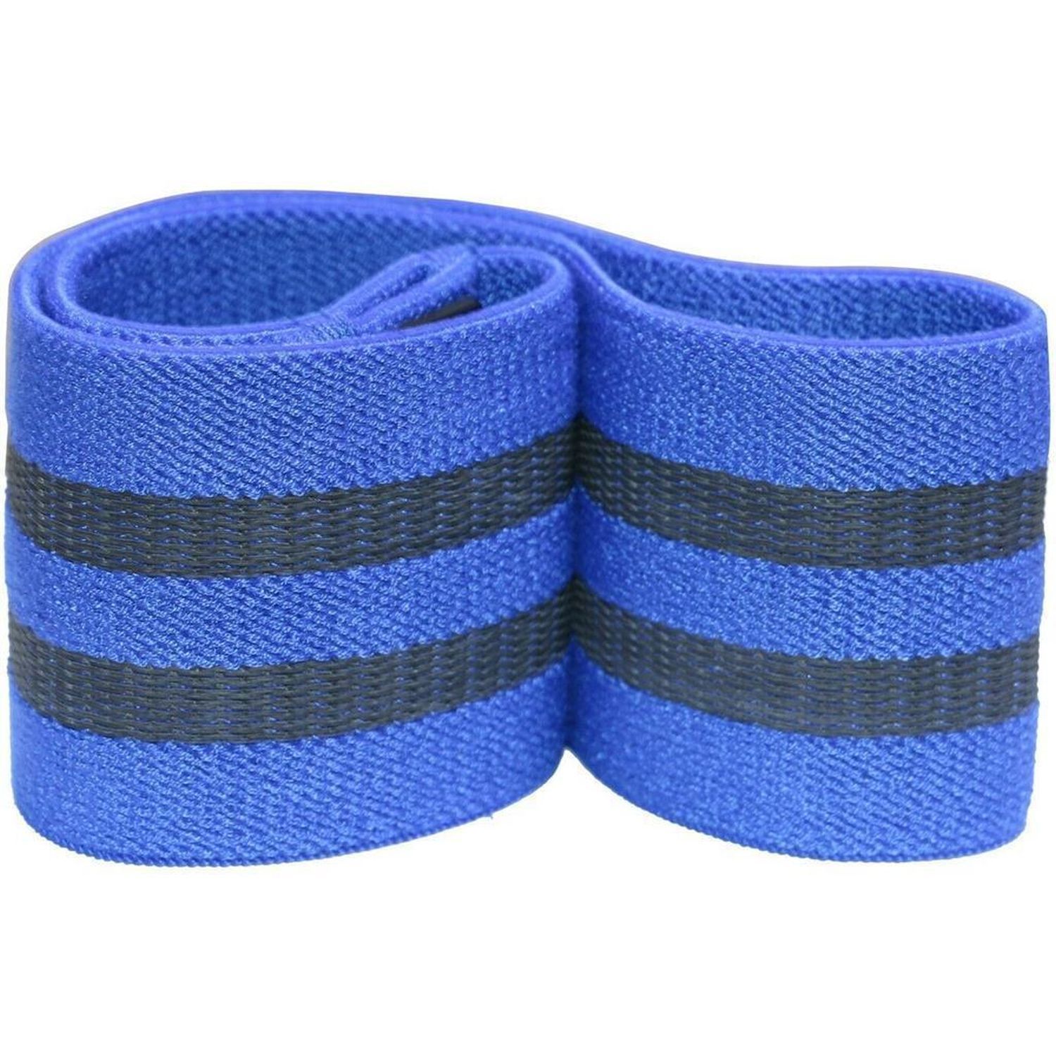 Blaues Loop Band mit schwarzen Streifen. Fitness-Zubehör. Gerollt.