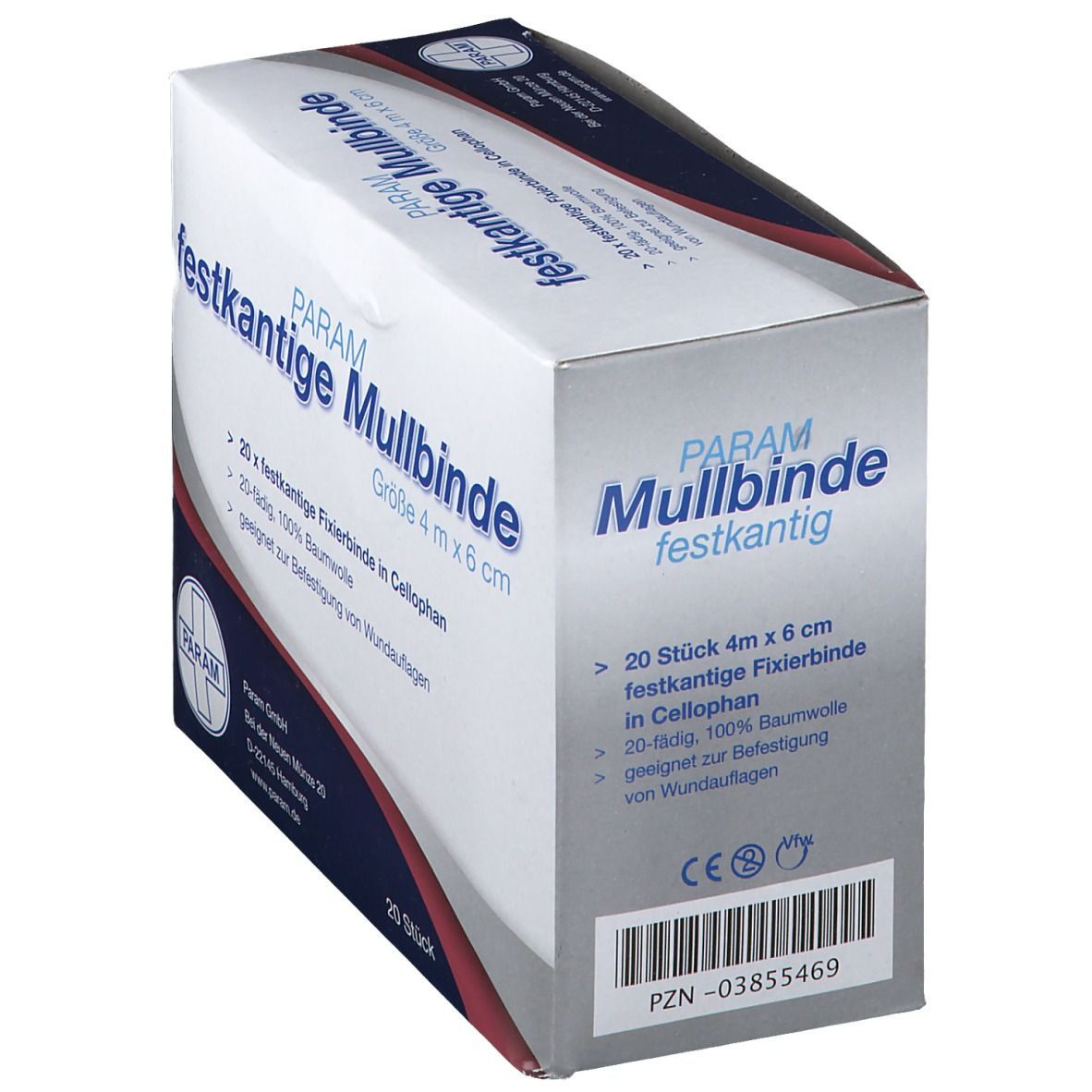 PARAM Mullbinde-Verpackung. Größe 4 m x 6 cm. 20 Stück. Weiß, blau und rot. Mit Text und Logo. CE-Kennzeichnung.