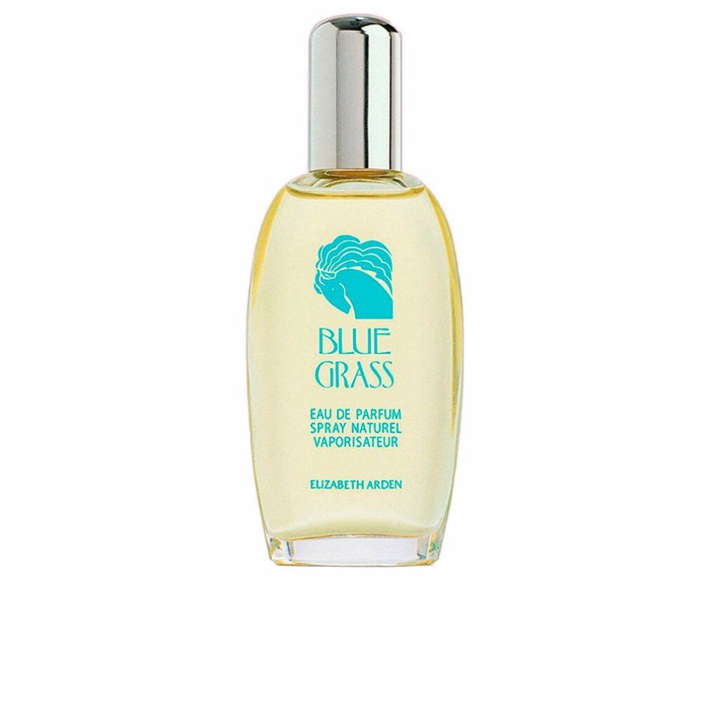 Parfümflasche. Glas, silberner Deckel. Aufdruck: "BLUE GRASS". Text: Eau de Parfum Spray Naturel, Vaporisateur.