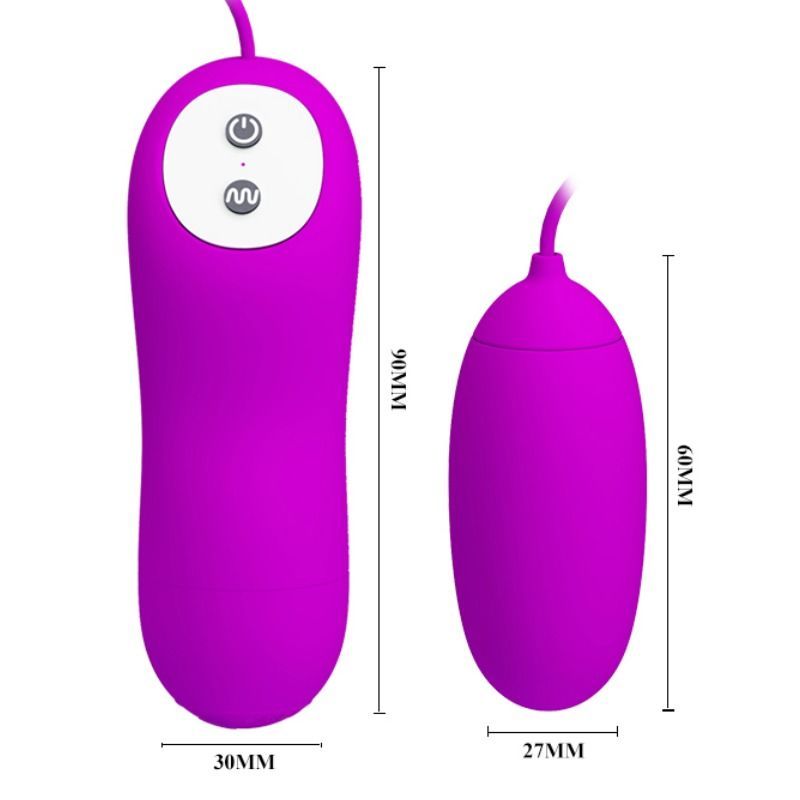 Lila Vibrations-Ei und Fernbedienung. Abmessungen: 90x30mm und 60x27mm. Beschriftung mit mm.