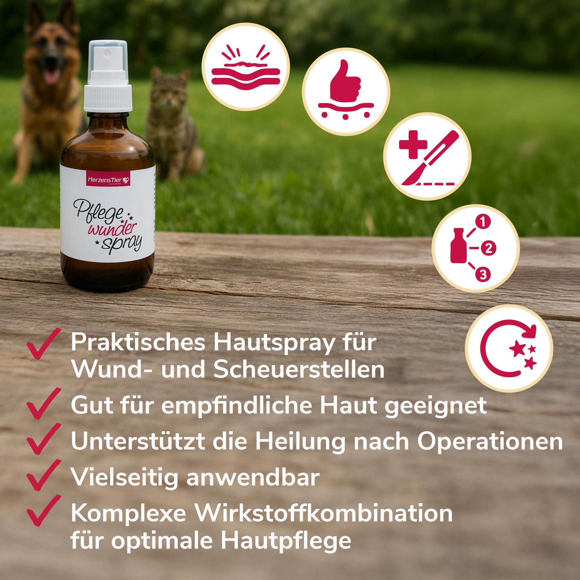 Sprühflasche auf Holz. Hunde und Katze im Hintergrund. Infografik mit Icons und Text: Praktisches Hautspray.