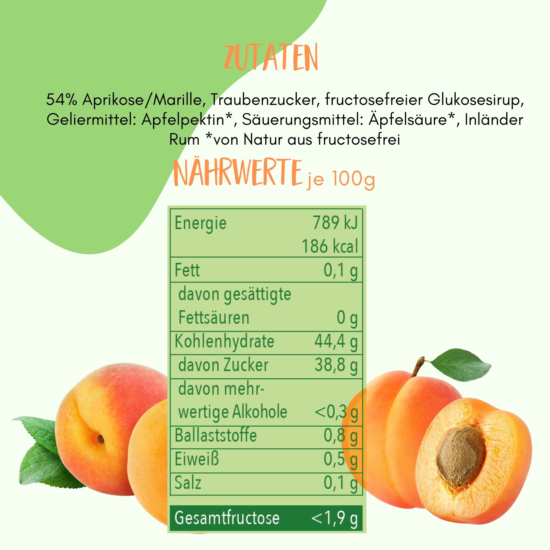 Nährwerttabelle und Zutatenliste für FRUNIX® Marille-Aprikose-Fruchtaufstrich. Enthält 54% Aprikose/Marille, Traubenzucker, Glukosesirup, Apfelpektin, Apfelsäure.
