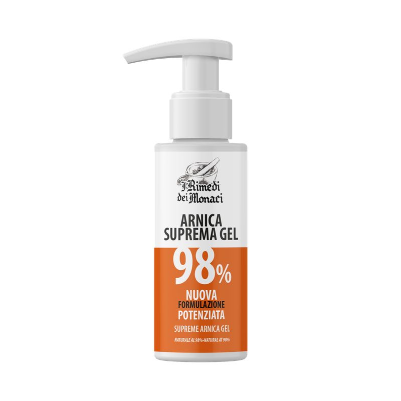Weißer Spender mit Produktbezeichnung Arnica Suprema Gel. Orangefarbener Bereich mit 98% und Text. Pumpe oben.